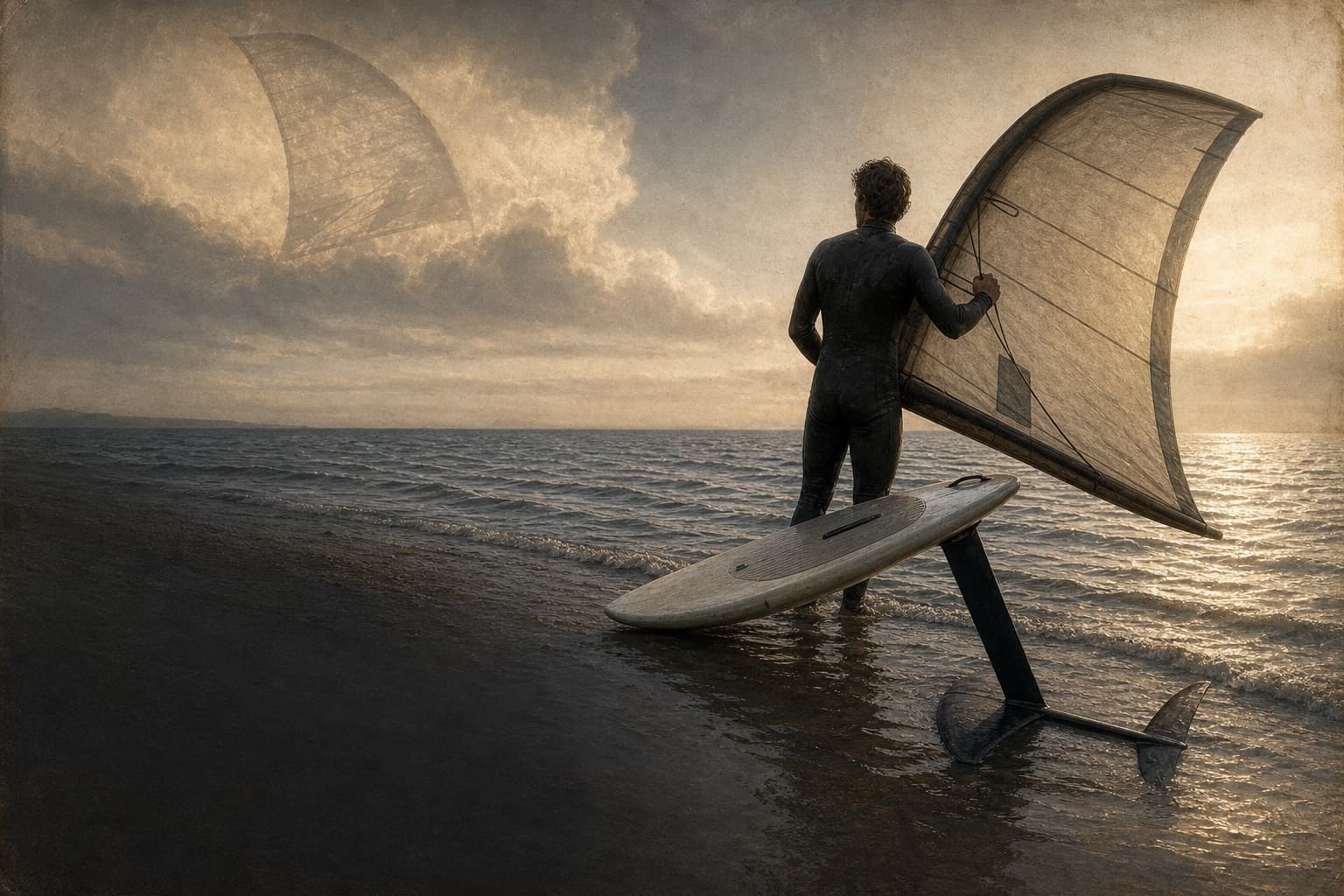 A wing foiler holding an inflatable wing while the board rises above the water