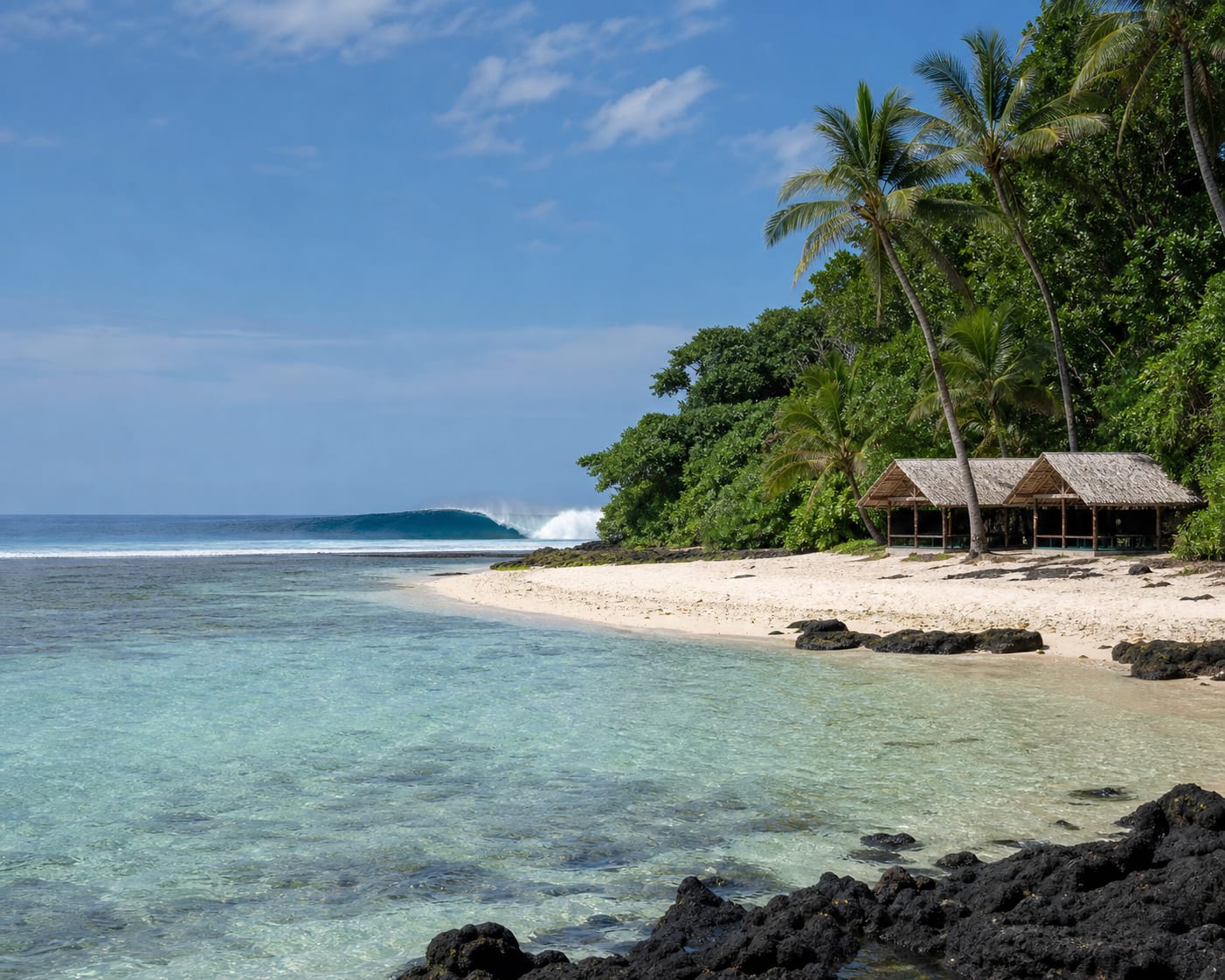 Aganoa reef surf beyond a clear Samoan lagoon and traditional beach fales
