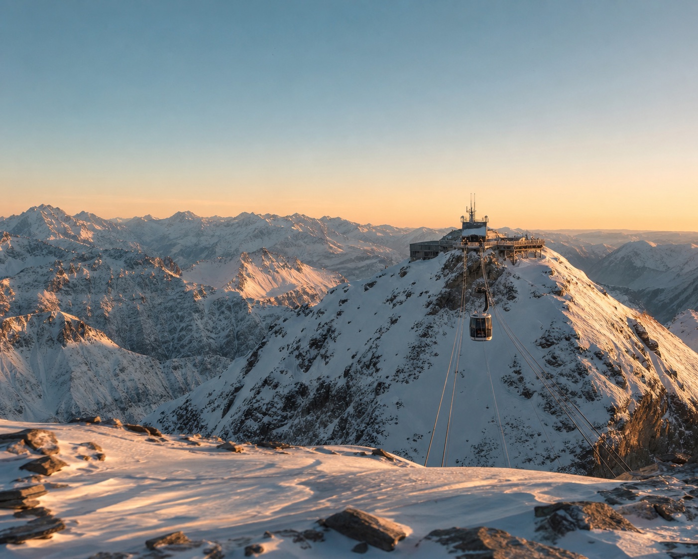 The Pic Blanc cable car above Alpe d'Huez in soft winter light