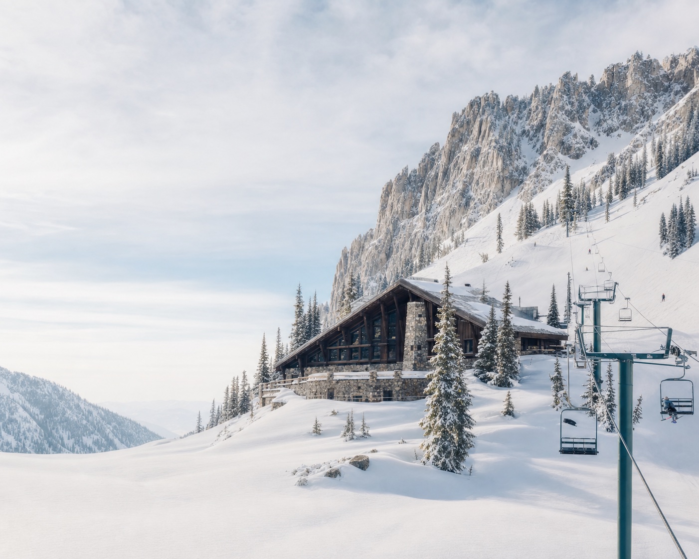 Alta Lodge and Collins lift beneath the jagged Devil's Castle ridge