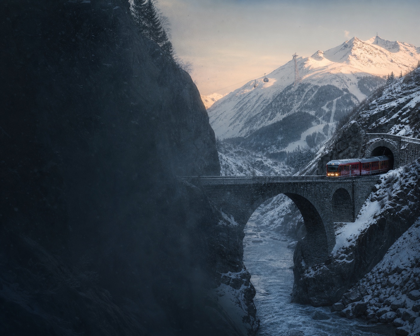 A red mountain train crossing Devil's Bridge in Andermatt's Schöllenen Gorge