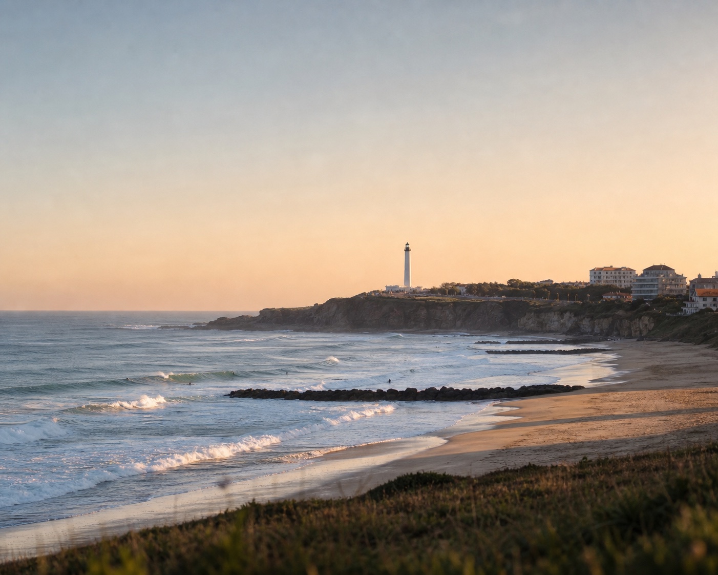 Biarritz lighthouse beyond the surf and rock groynes of Anglet's Chambre d'Amour beach