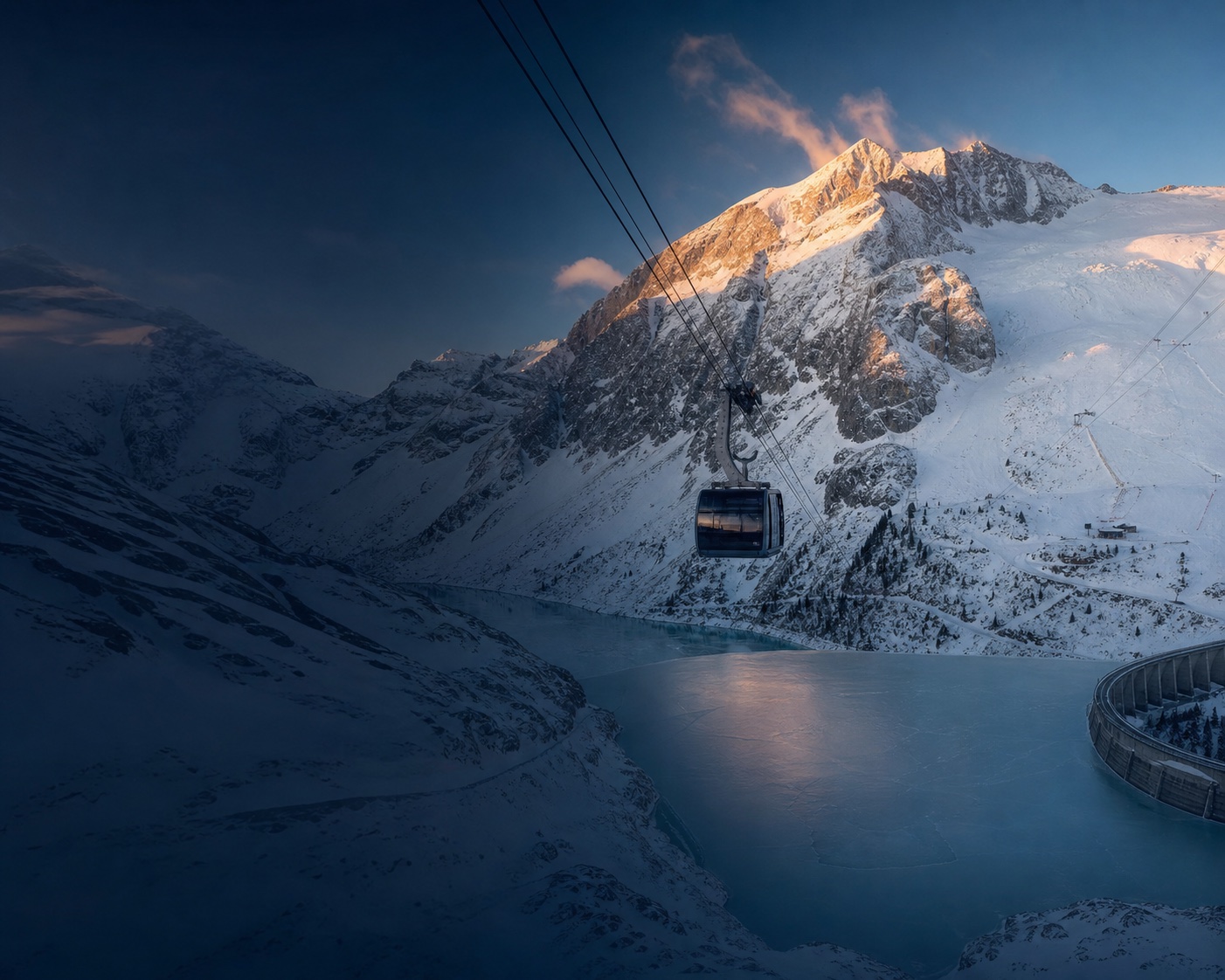 A Marmolada cable car above frozen Lago di Fedaia and the glacier