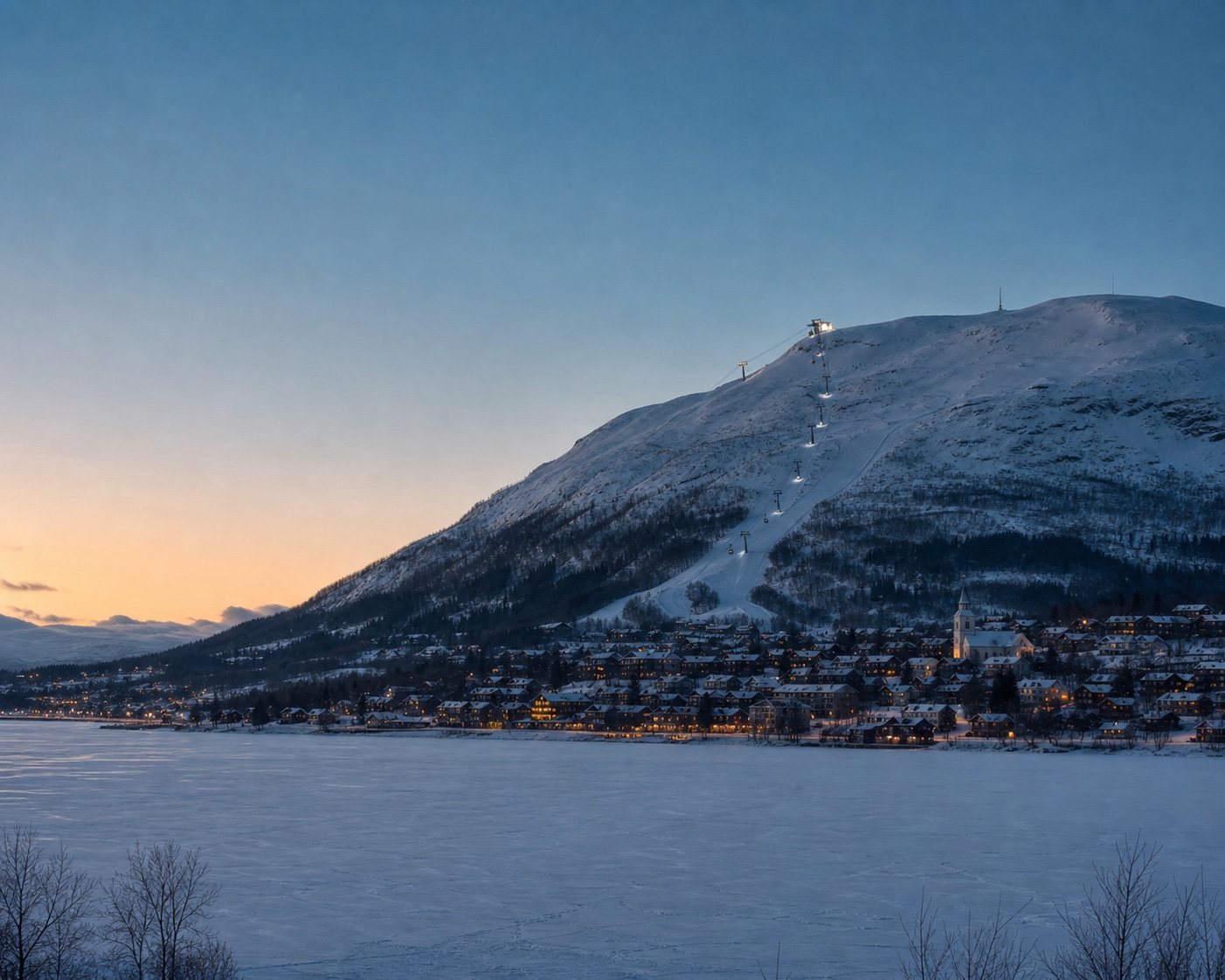 Åre village and cable car beneath Åreskutan beside the frozen Åresjön lake