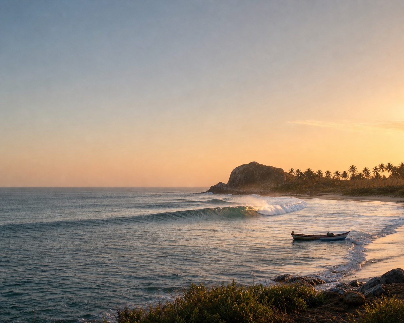 A right-hand Arugam Bay wave wrapping past Elephant Rock and a fishing boat