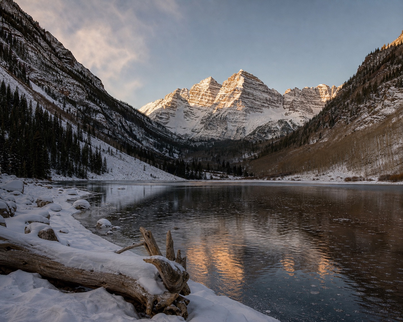 The snow-covered Maroon Bells reflected in Maroon Lake near Aspen