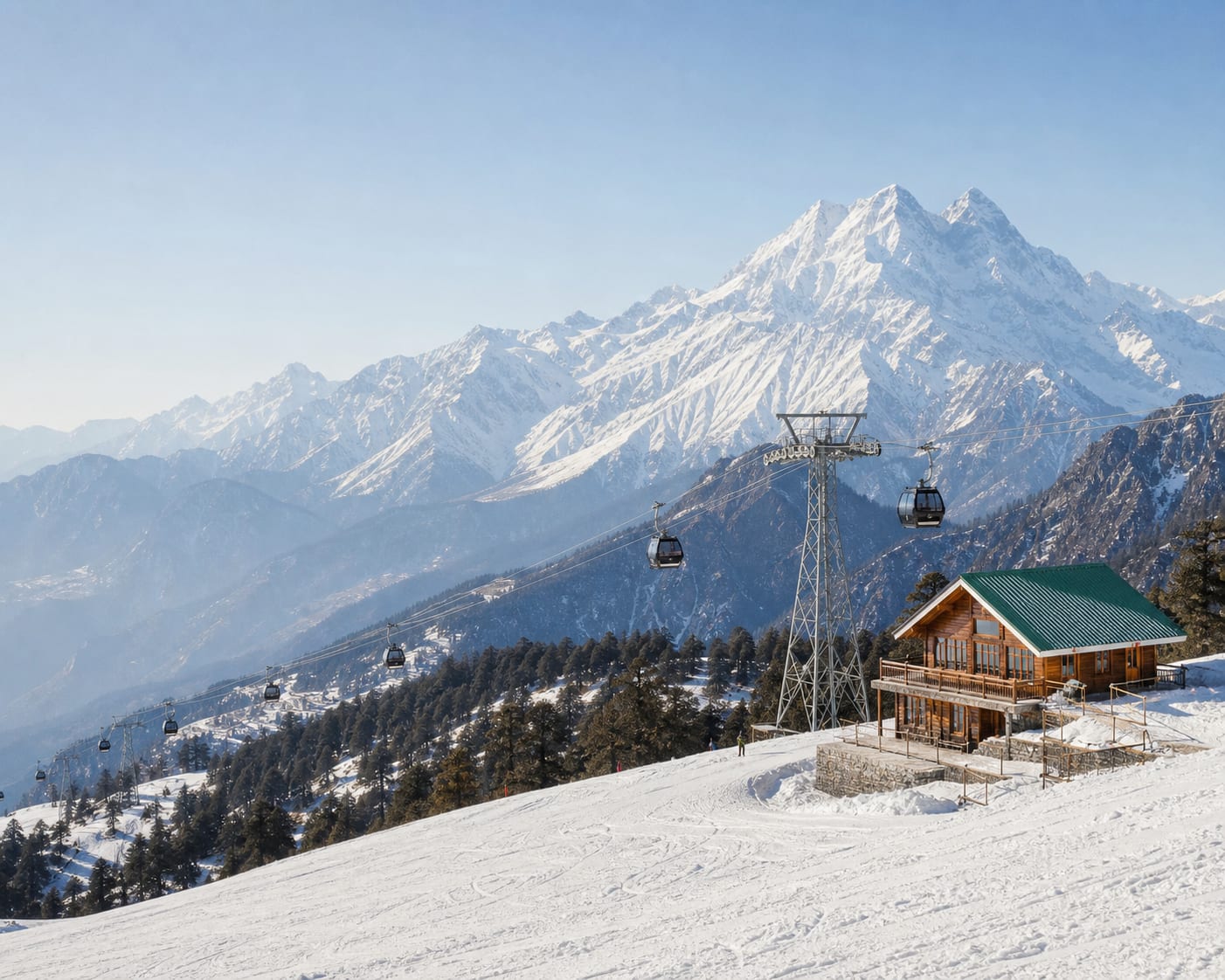 Auli ropeway and ski lodge before the vast snowy summit of Nanda Devi