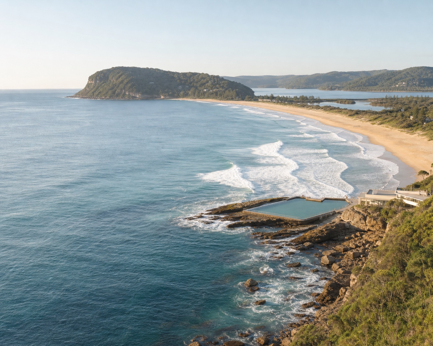 Avoca surf beside its rock pool and tea-tree-fringed lagoon