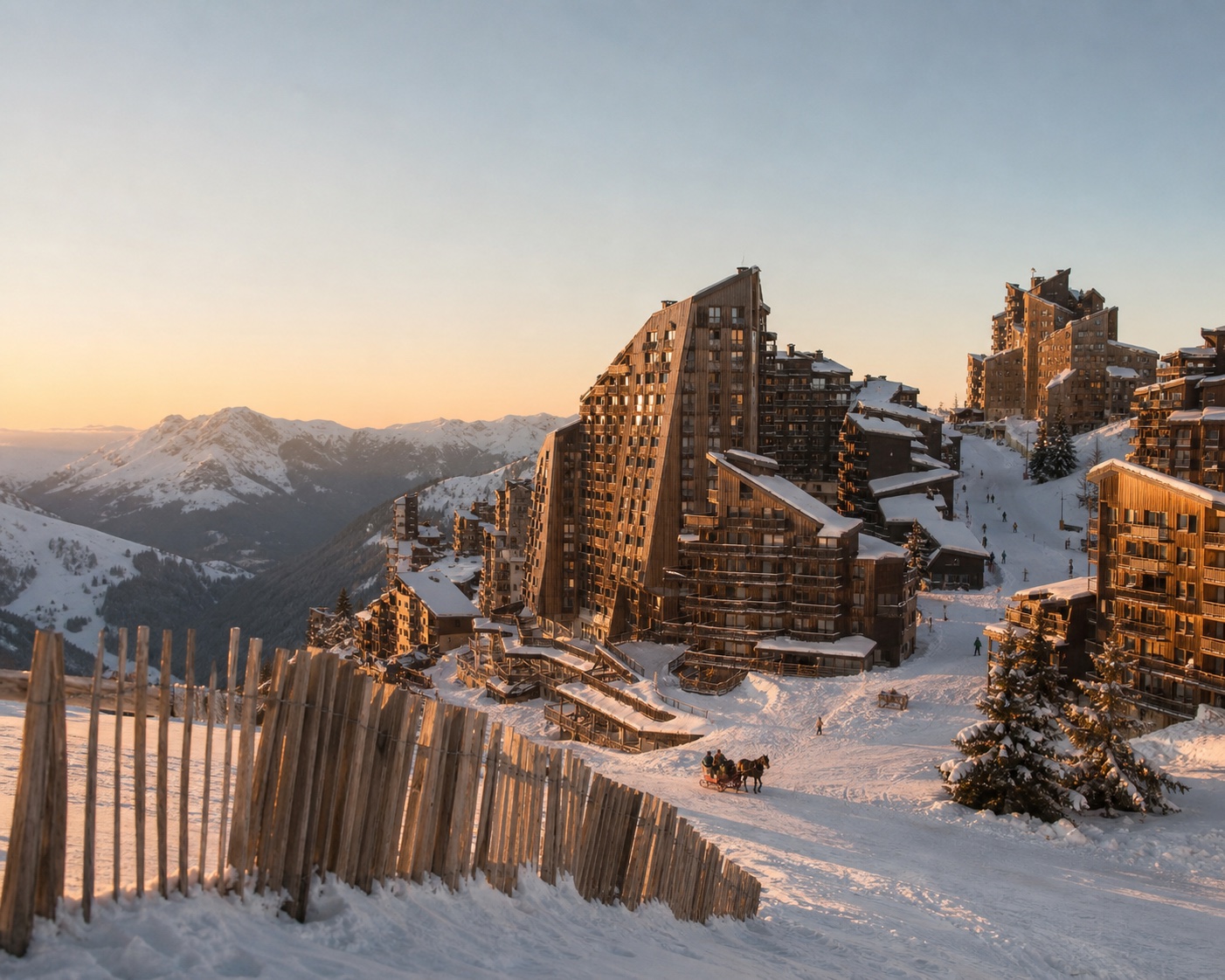 Avoriaz angular timber-clad buildings on a snowy Alpine plateau