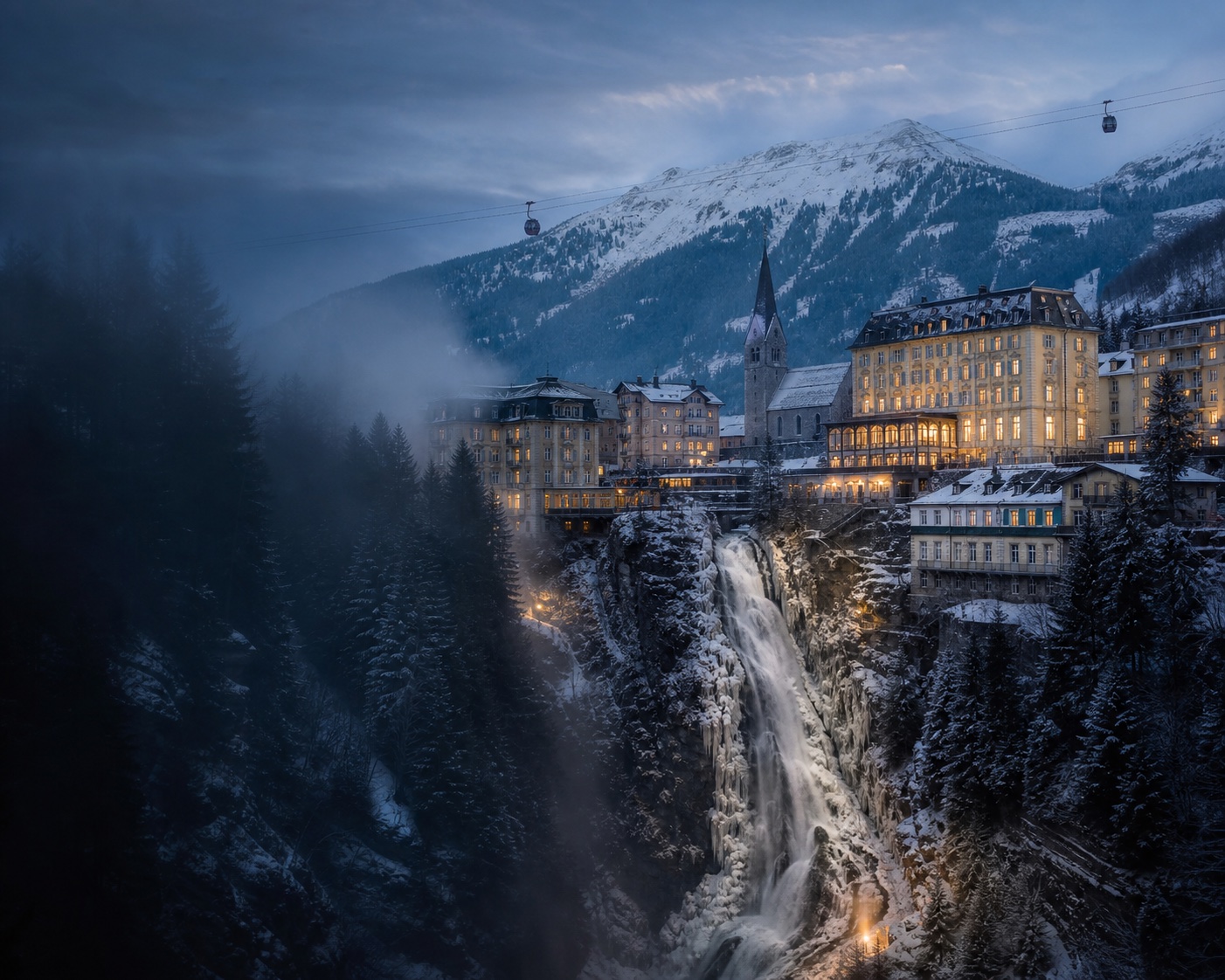 Bad Gastein's waterfall plunging between its snow-covered Belle Époque hotels