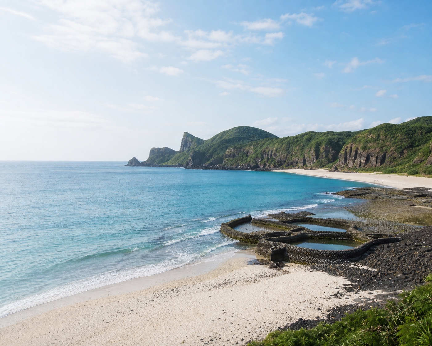Baisha Bay surf and ancient fish traps between Taiwan's volcanic capes