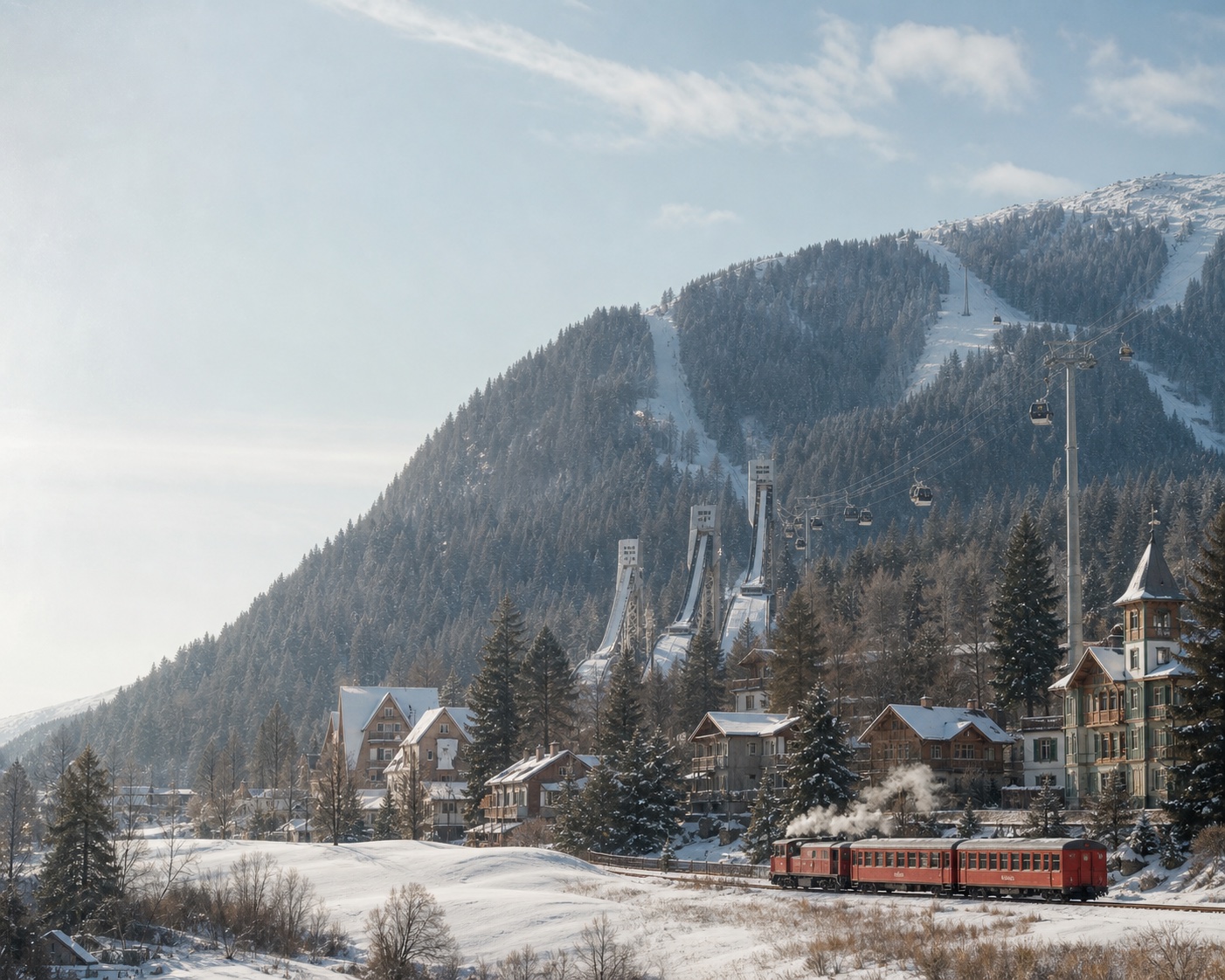 Bakuriani's ski jumps and red train beneath Kokhta Mountain