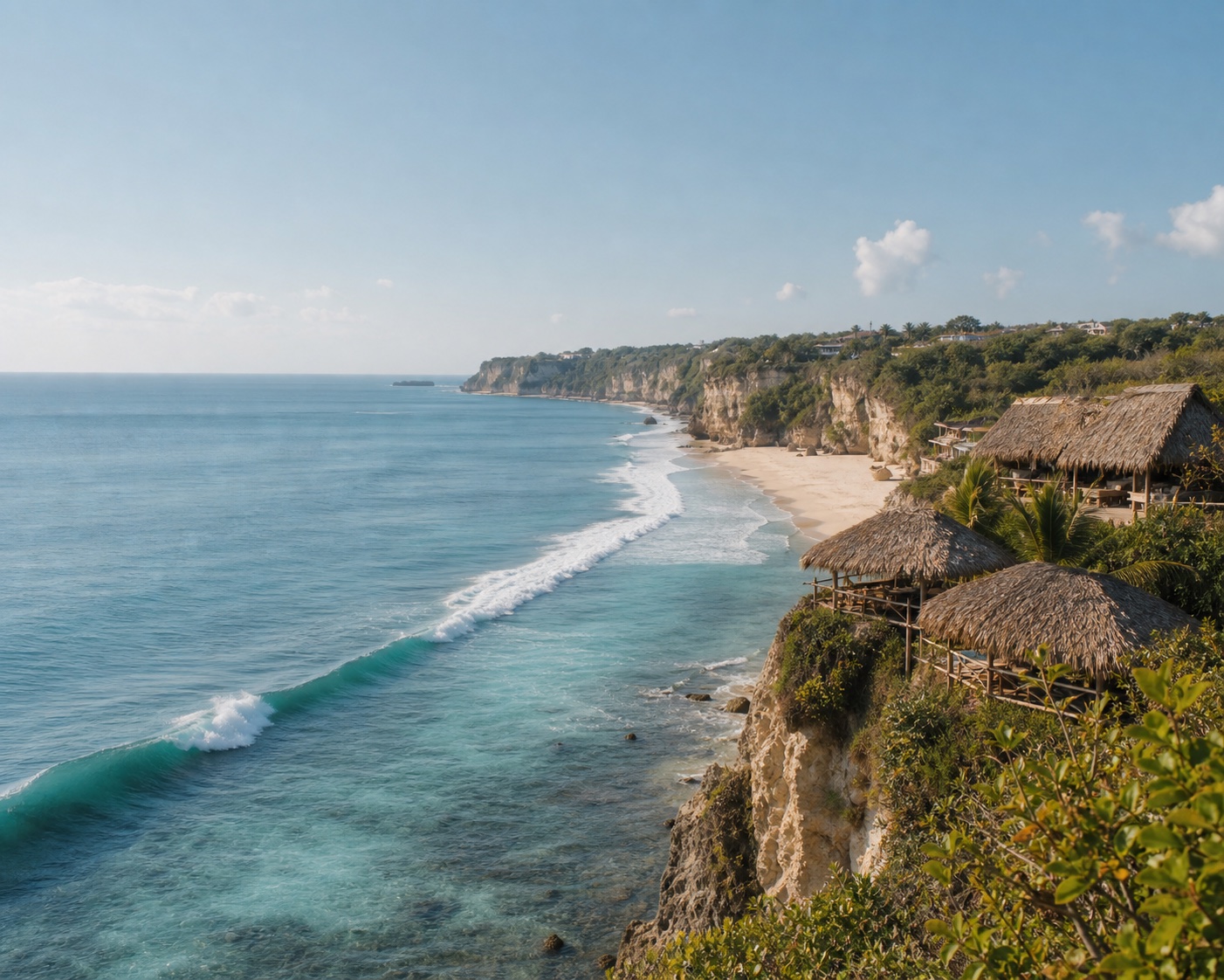 Balangan's reef lines beneath its limestone clifftop warungs