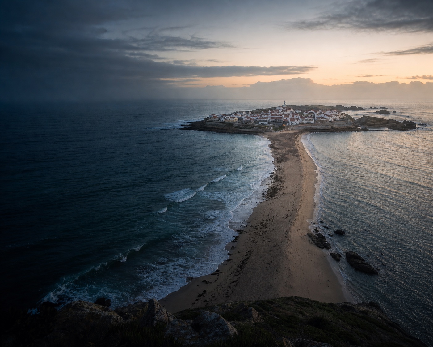 Baleal's whitewashed peninsula and double-sided tombolo surf beaches