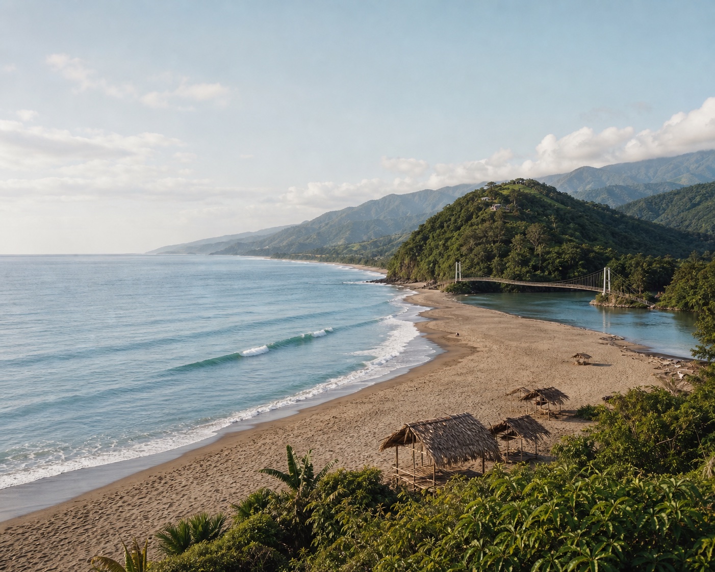 Baler surf and hanging bridge beneath the forested Sierra Madre