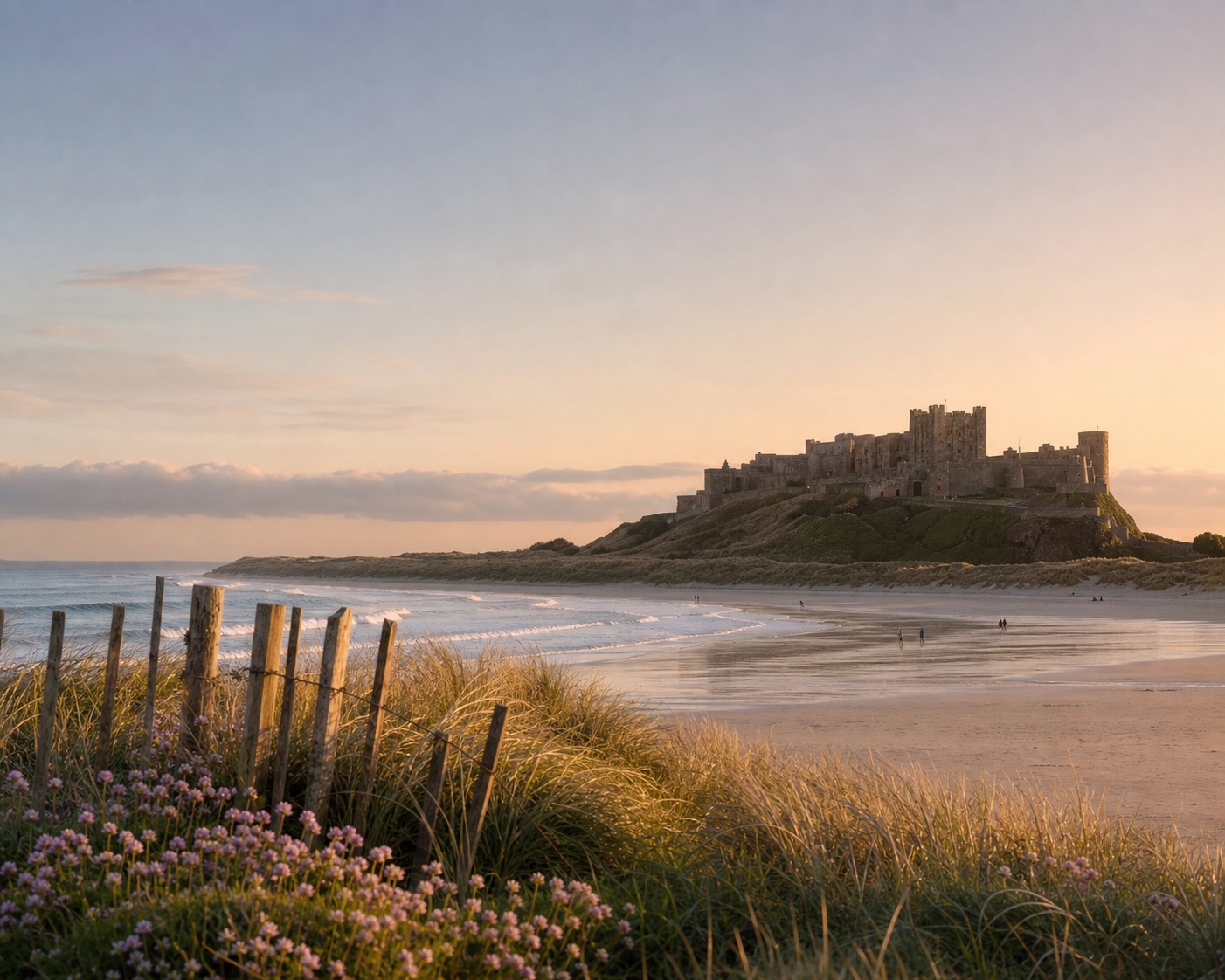 Bamburgh Castle rising above the beach and dunes at golden hour