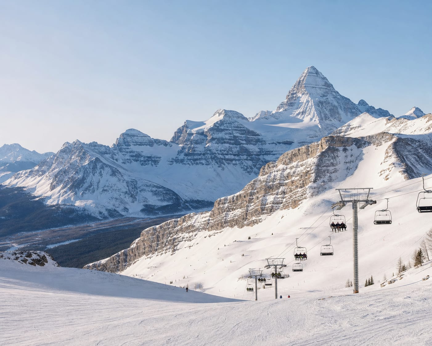 Banff Sunshine chairlifts beneath the pyramidal summit of Mount Assiniboine