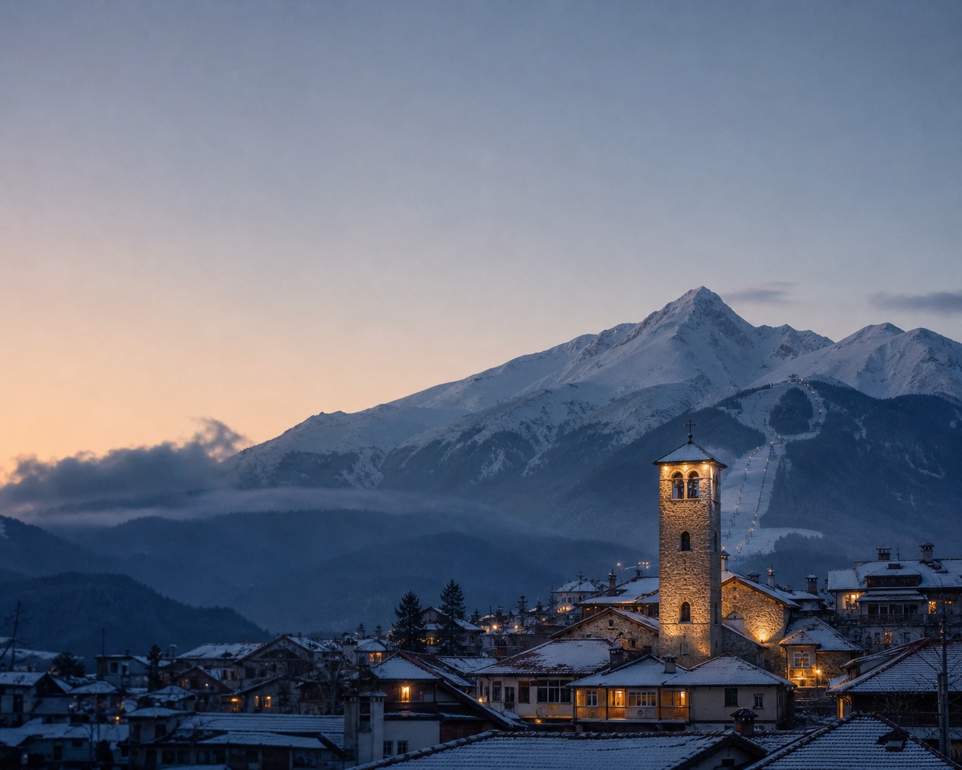 Bansko's Holy Trinity bell tower beneath snowy Todorka in the Pirin Mountains