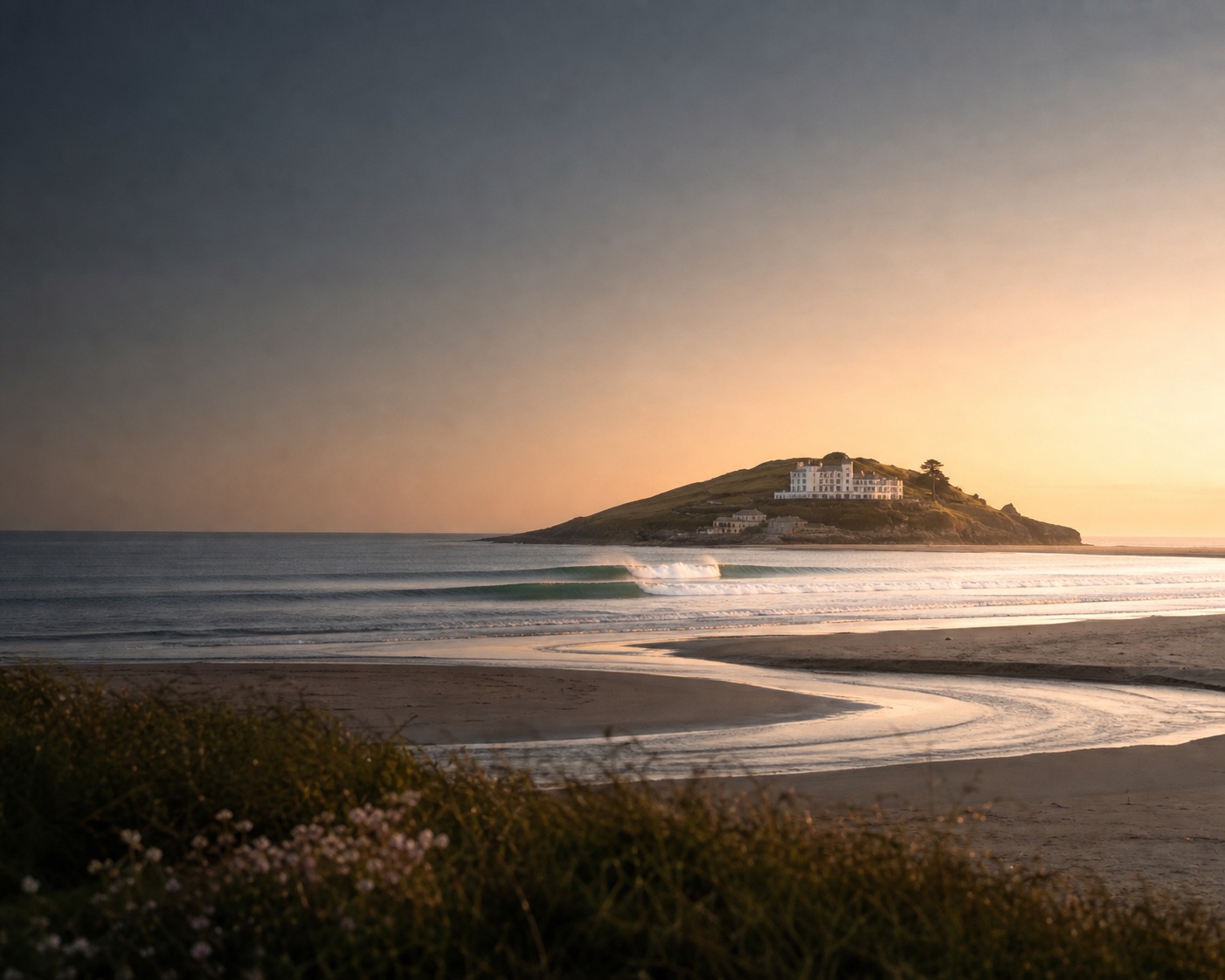 Bantham surf and the River Avon facing Burgh Island's Art Deco hotel