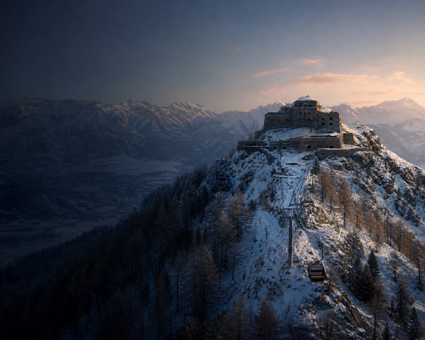 The snowbound Jafferau fort and gondola high above Bardonecchia