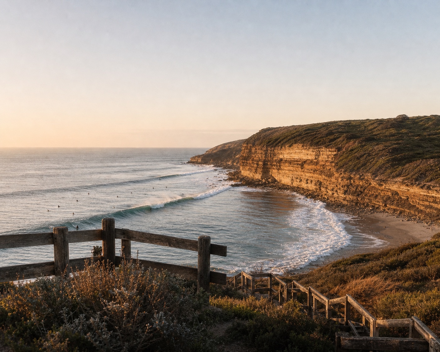 Clean surf lines and ochre cliffs at Bells Beach in evening light
