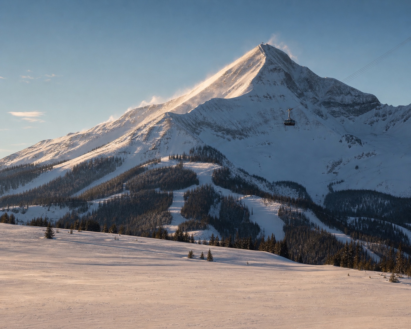 The Lone Peak Tram climbing the snow-covered pyramid of Lone Mountain at Big Sky