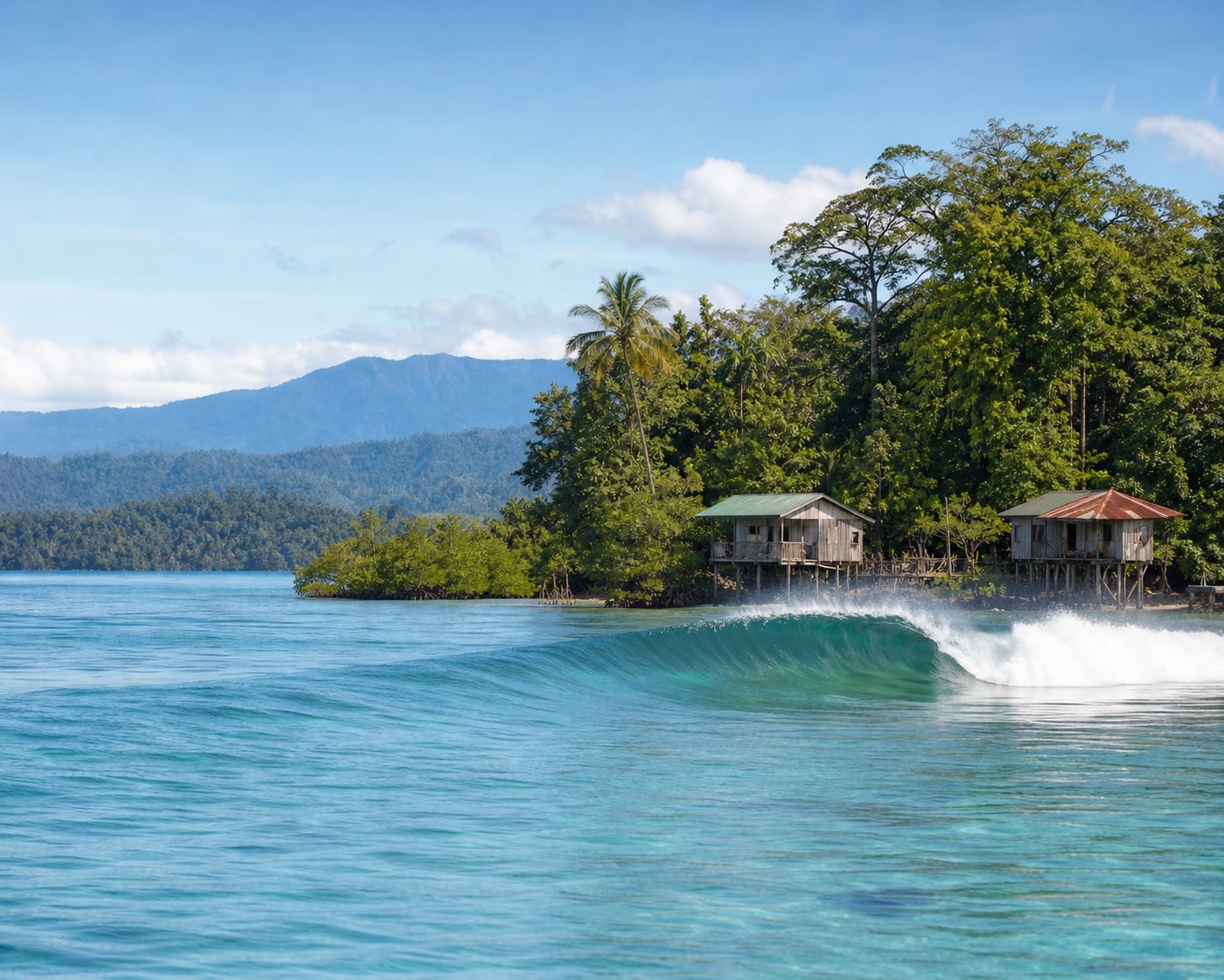 Bocas del Toro reef surf beside jungle islands and timber stilt houses