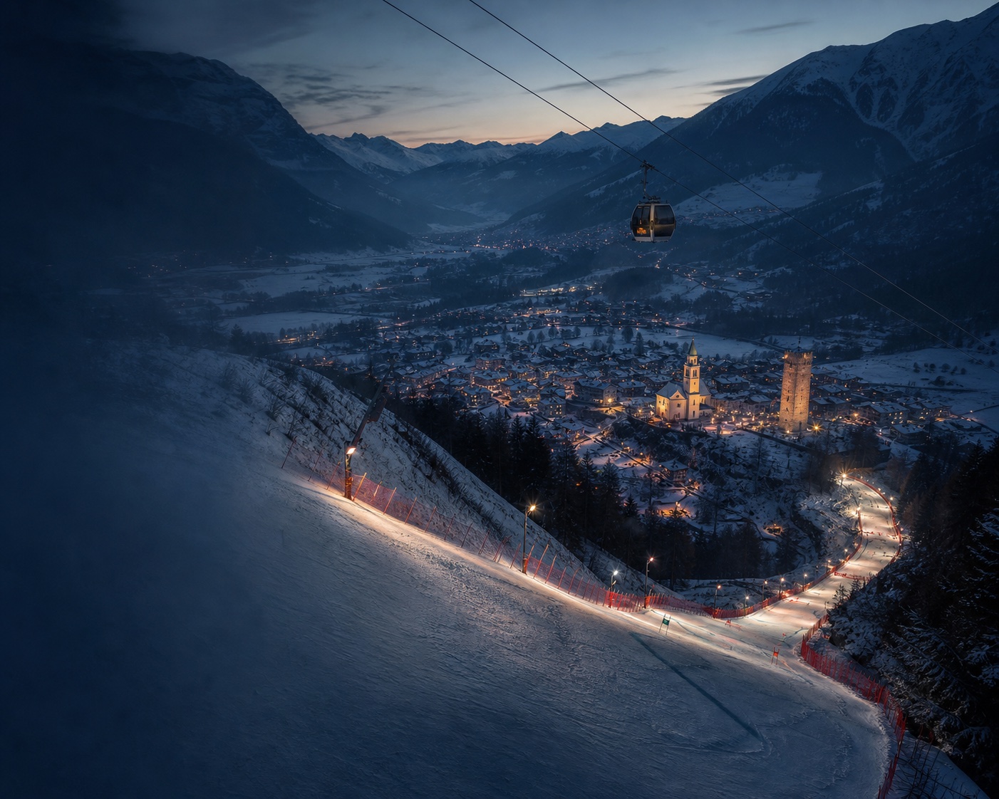 Bormio's steep Stelvio piste descending towards the medieval town