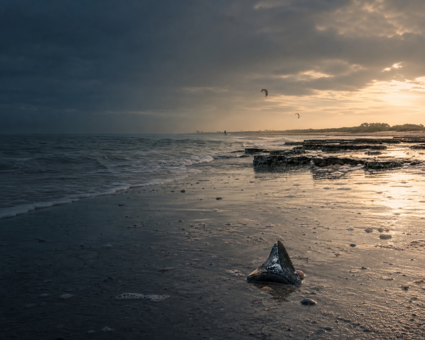Bracklesham Bay surf and an Eocene shark tooth exposed at low tide