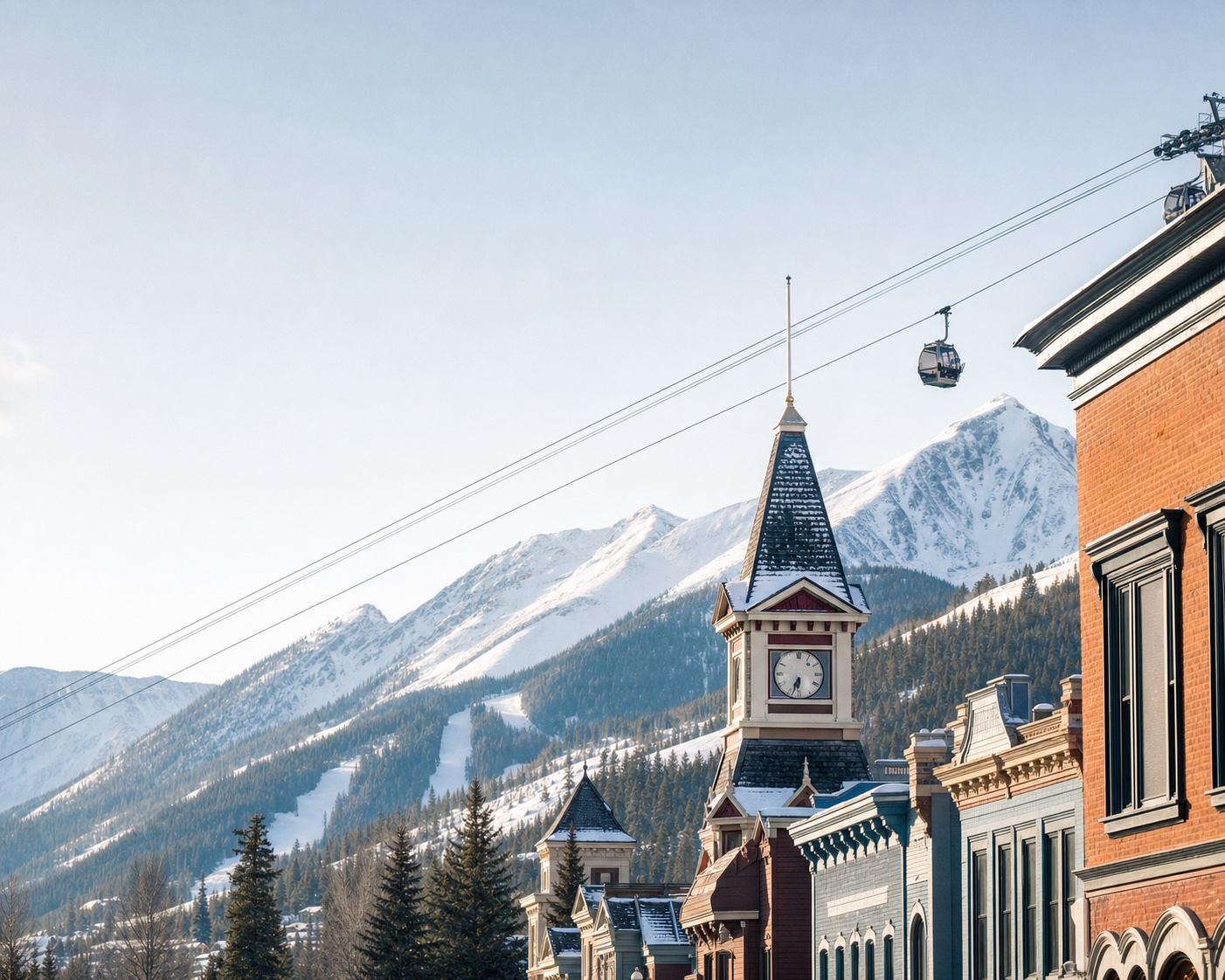 Breckenridge gondola above its Victorian town and Tenmile peaks