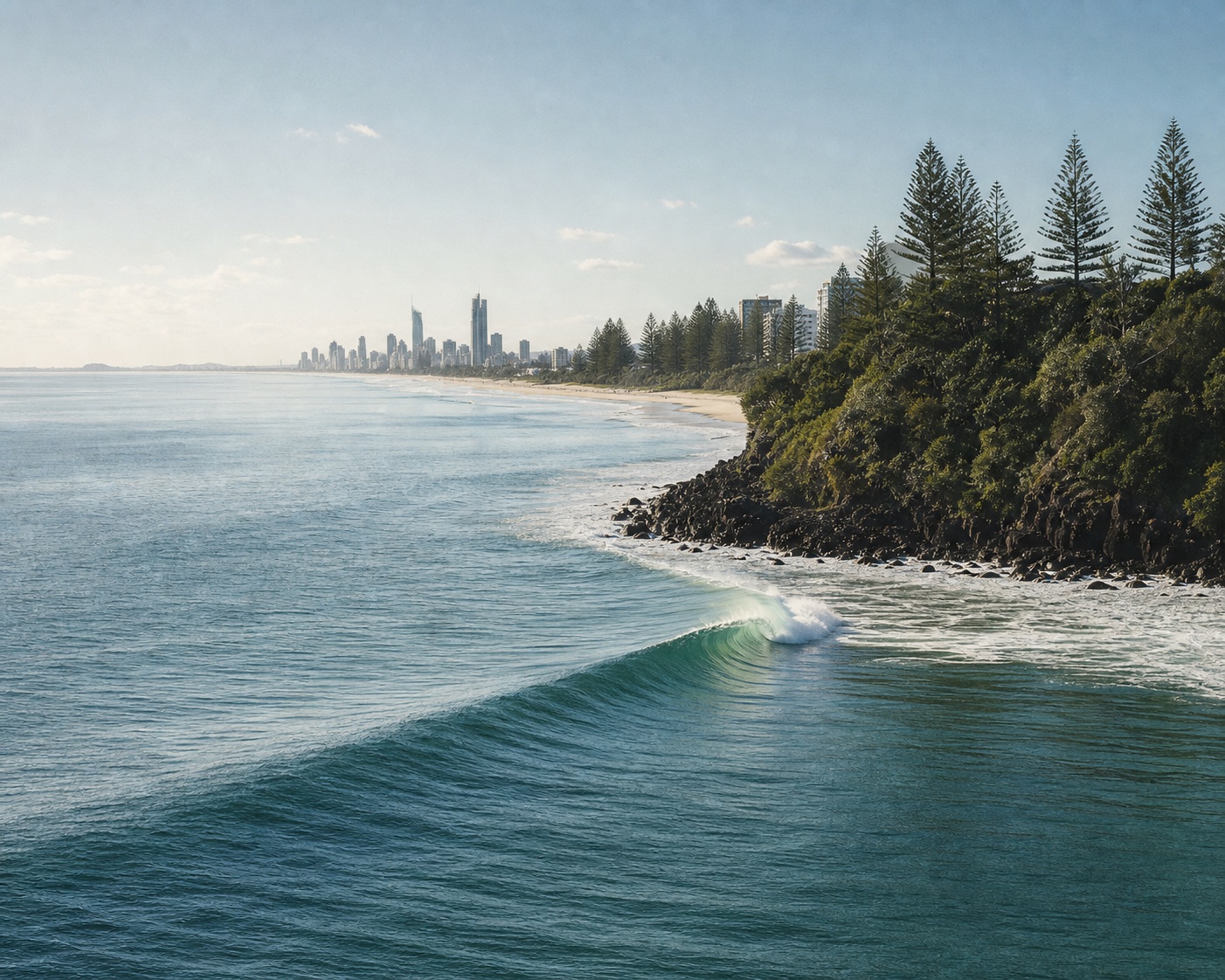 Burleigh's point break beneath Jellurgal and the Gold Coast skyline