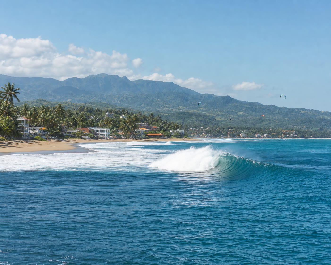 Cabarete reef surf before its palm-lined bay and northern mountains