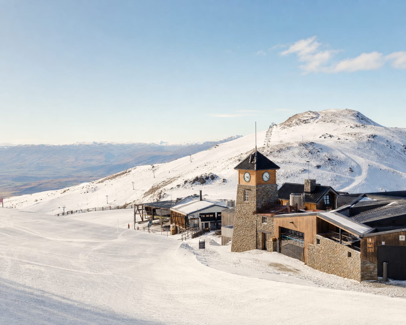 Cardrona's rustic high-mountain base and chairlift in the Southern Alps