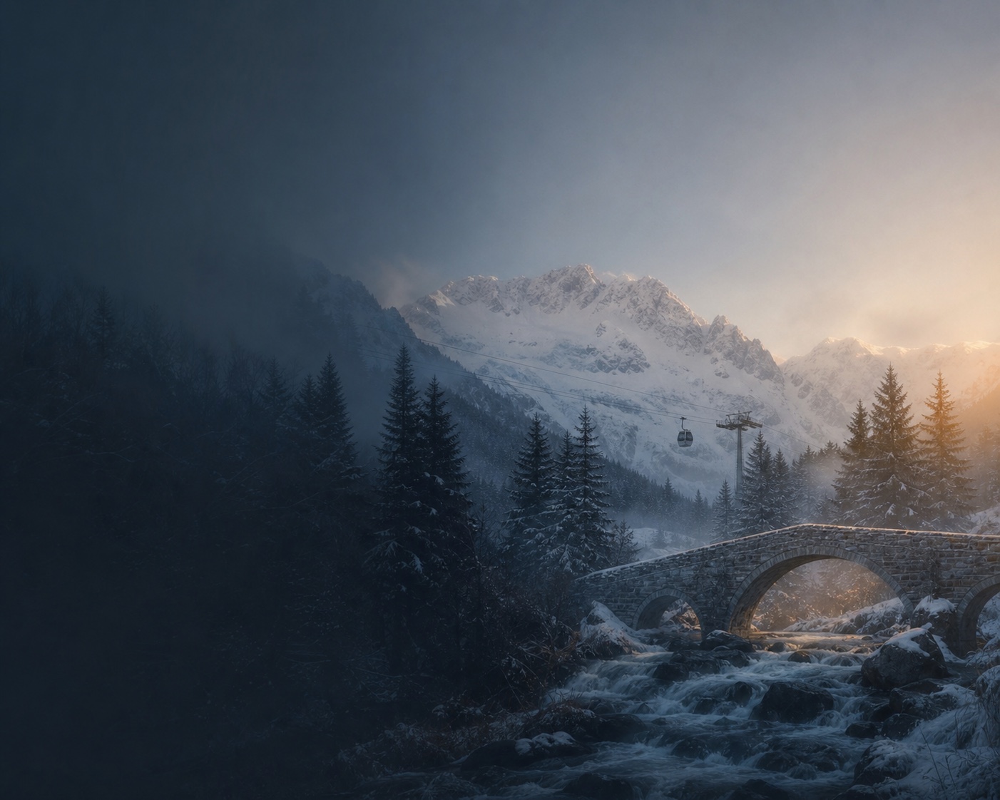 The snowy Pont d'Espagne and gondola beneath Cauterets' Pyrenean peaks