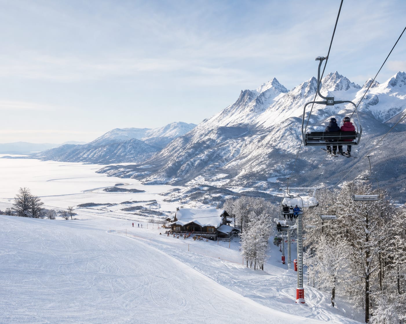 Cerro Castor chairlift above a snowy Tierra del Fuego forest