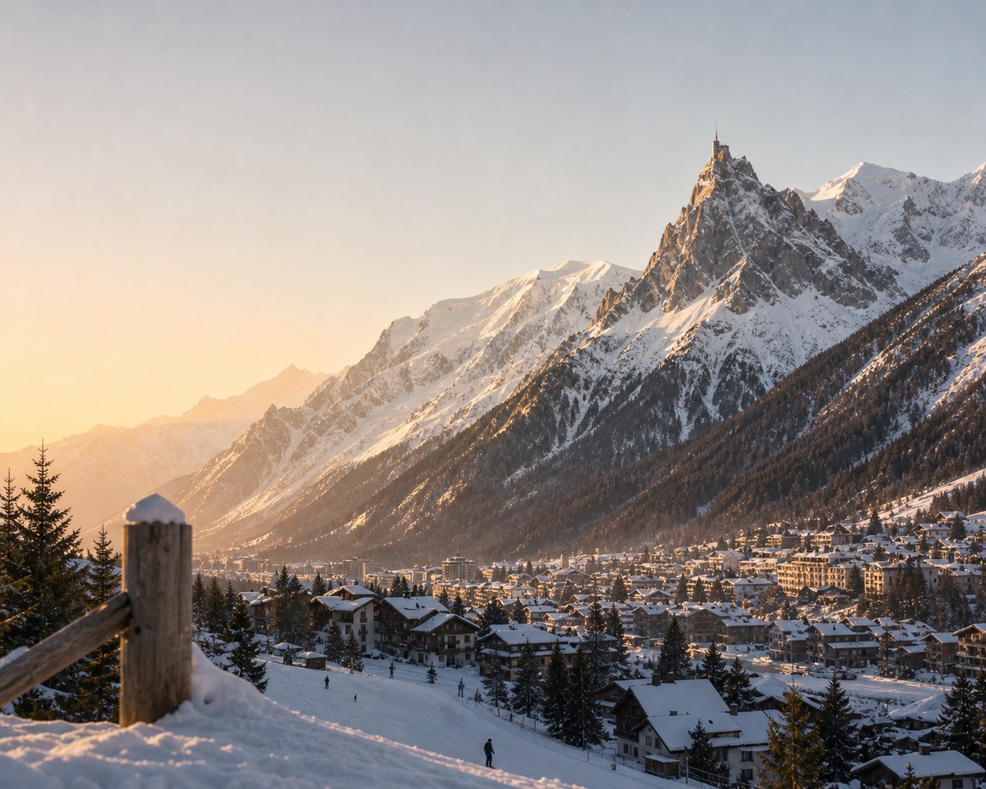 Chamonix valley at golden hour beneath the Aiguille du Midi and Mont Blanc massif