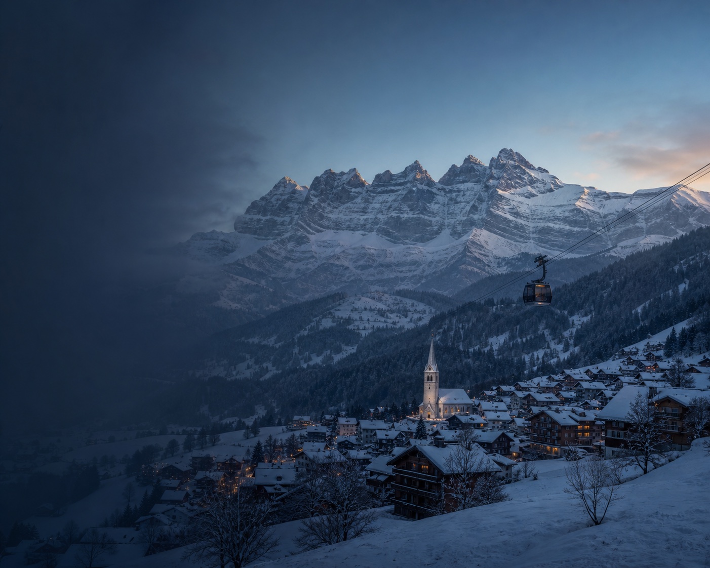 Champéry village and cable car beneath the seven Dents du Midi summits