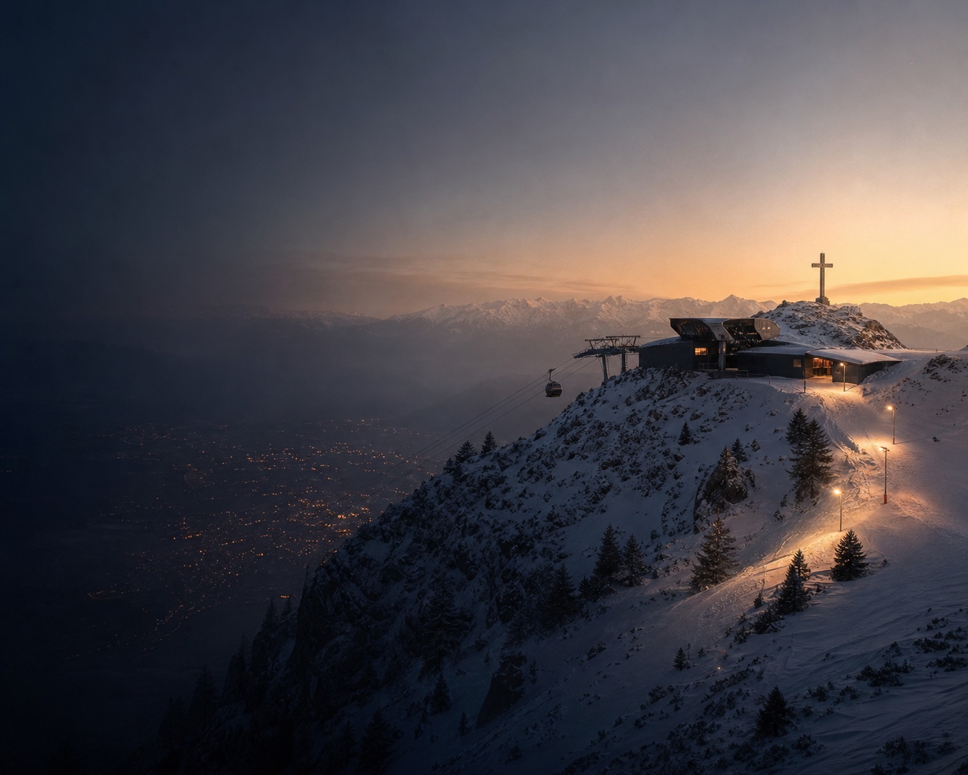 Croix de Chamrousse and its gondola above the lights of Grenoble