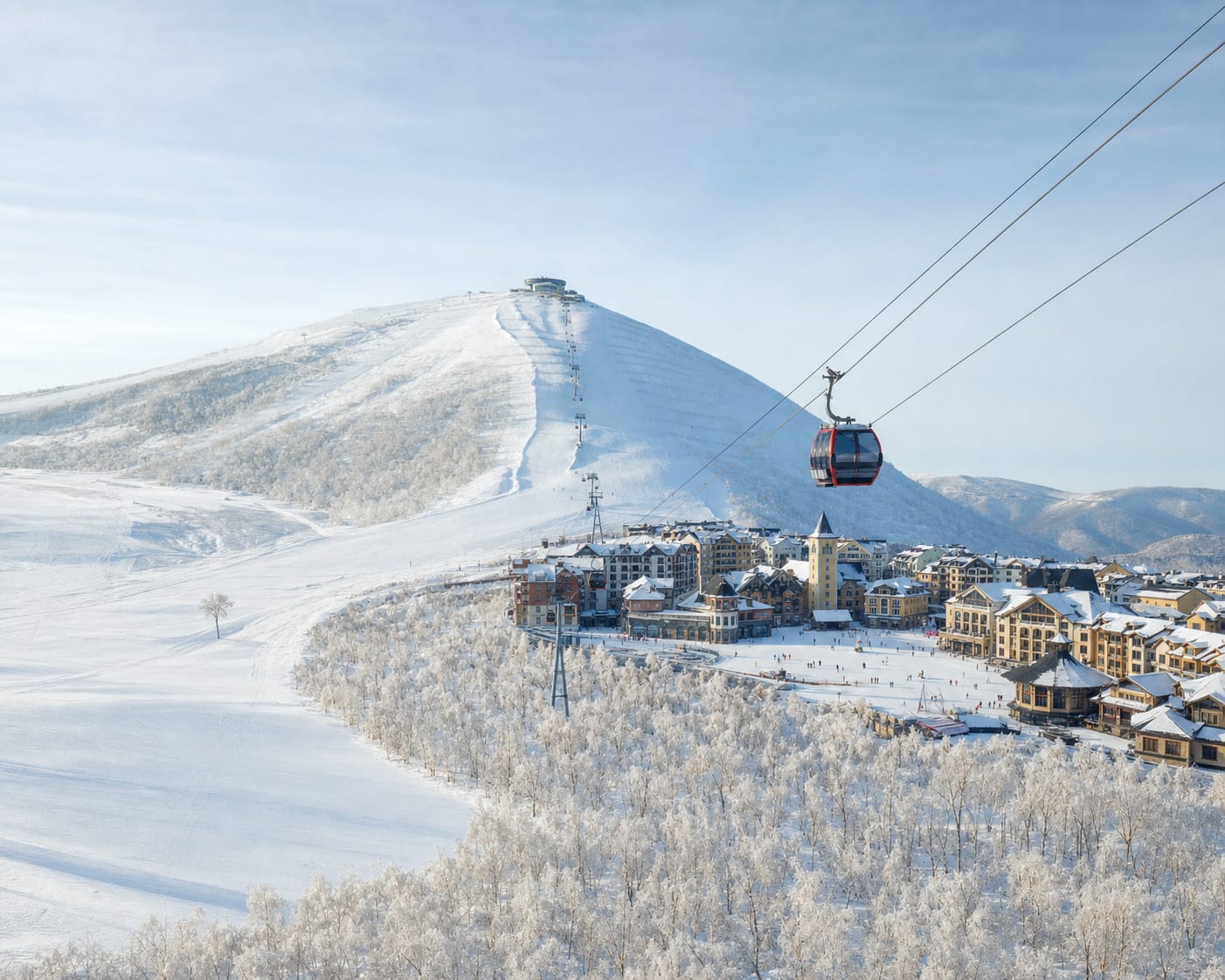 Changbaishan gondola above its white-birch basin and compact mountain village