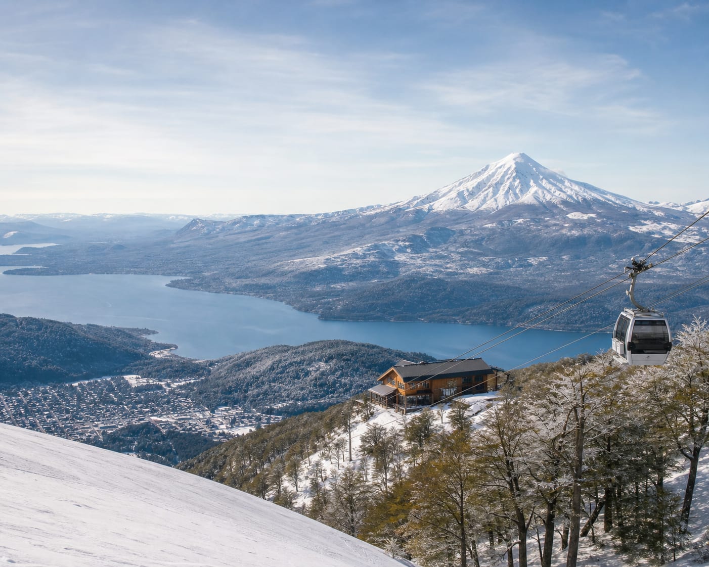 Chapelco gondola above Lake Lácar with Lanín volcano beyond
