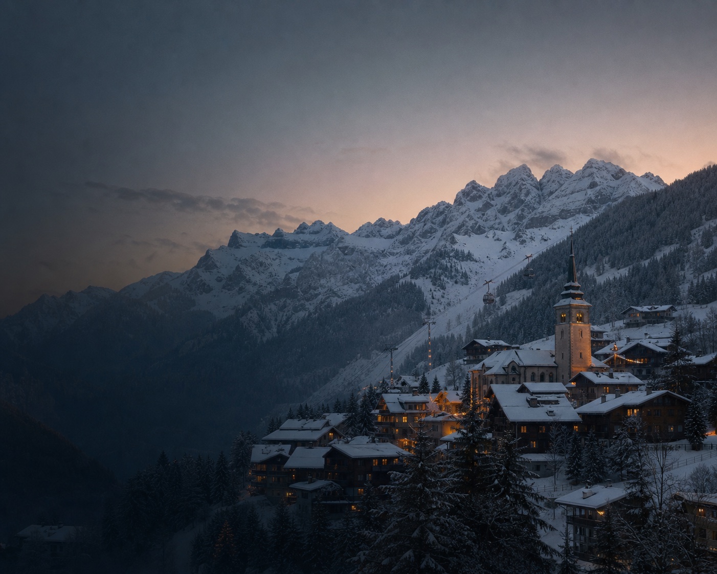 Châtel's church, timber chalets and gondola beneath the Dents du Midi