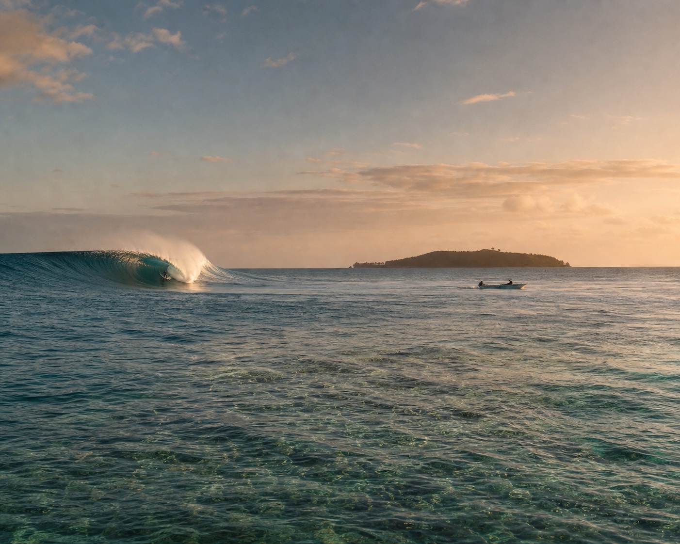 A Cloudbreak reef barrel with Tavarua Island and a Fijian surf boat beyond