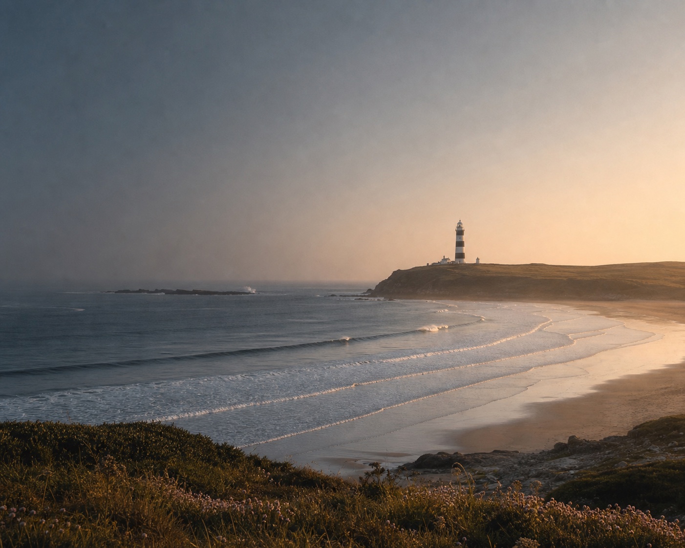 Constantine Bay surf beneath the striped Trevose Head lighthouse