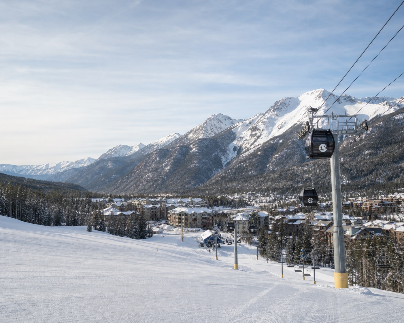 Copper Mountain gondolas rising from Center Village towards the Tenmile Range