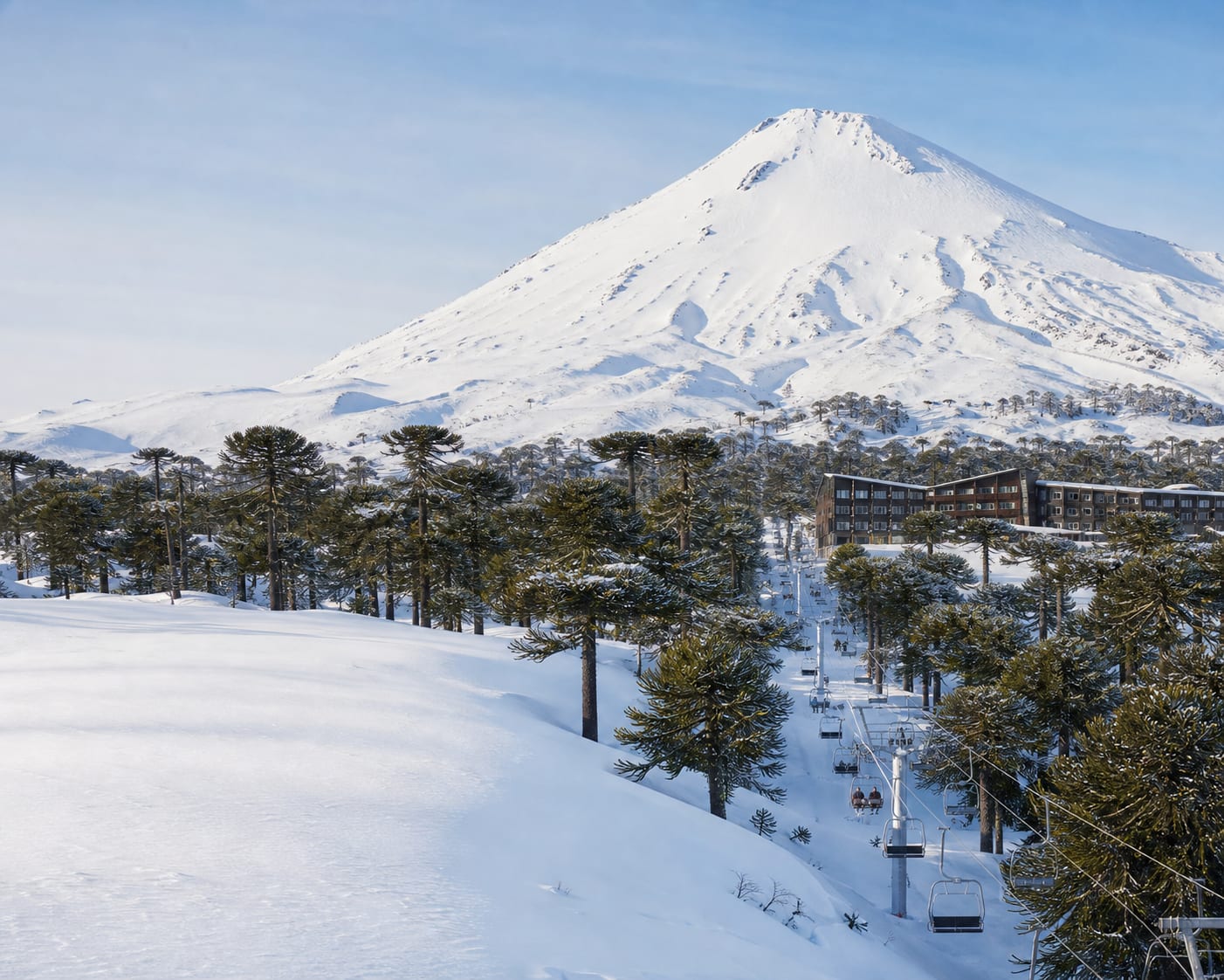 Corralco chairlift among araucaria trees beneath Lonquimay volcano