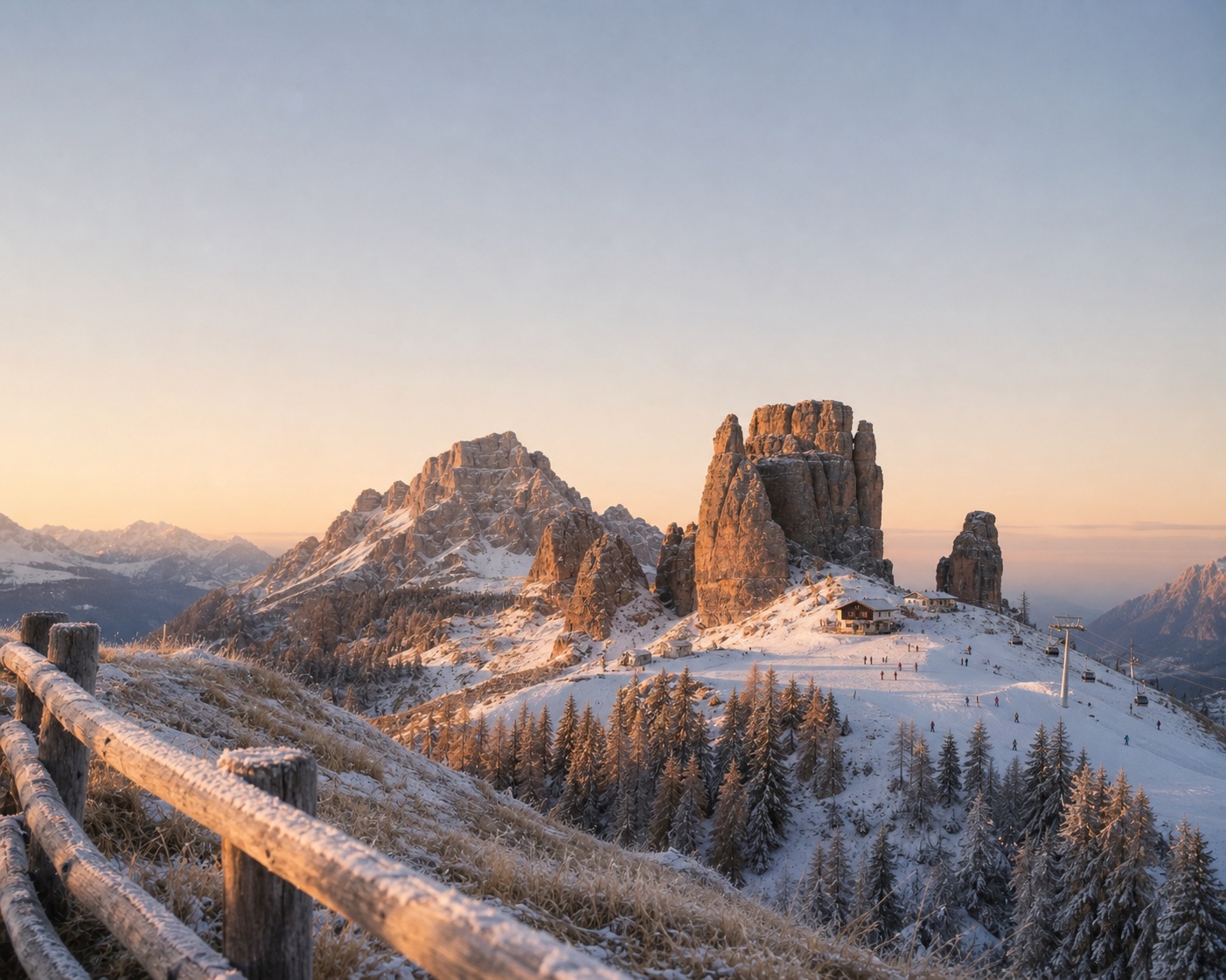 Cinque Torri above snowy larch forest near Cortina d'Ampezzo