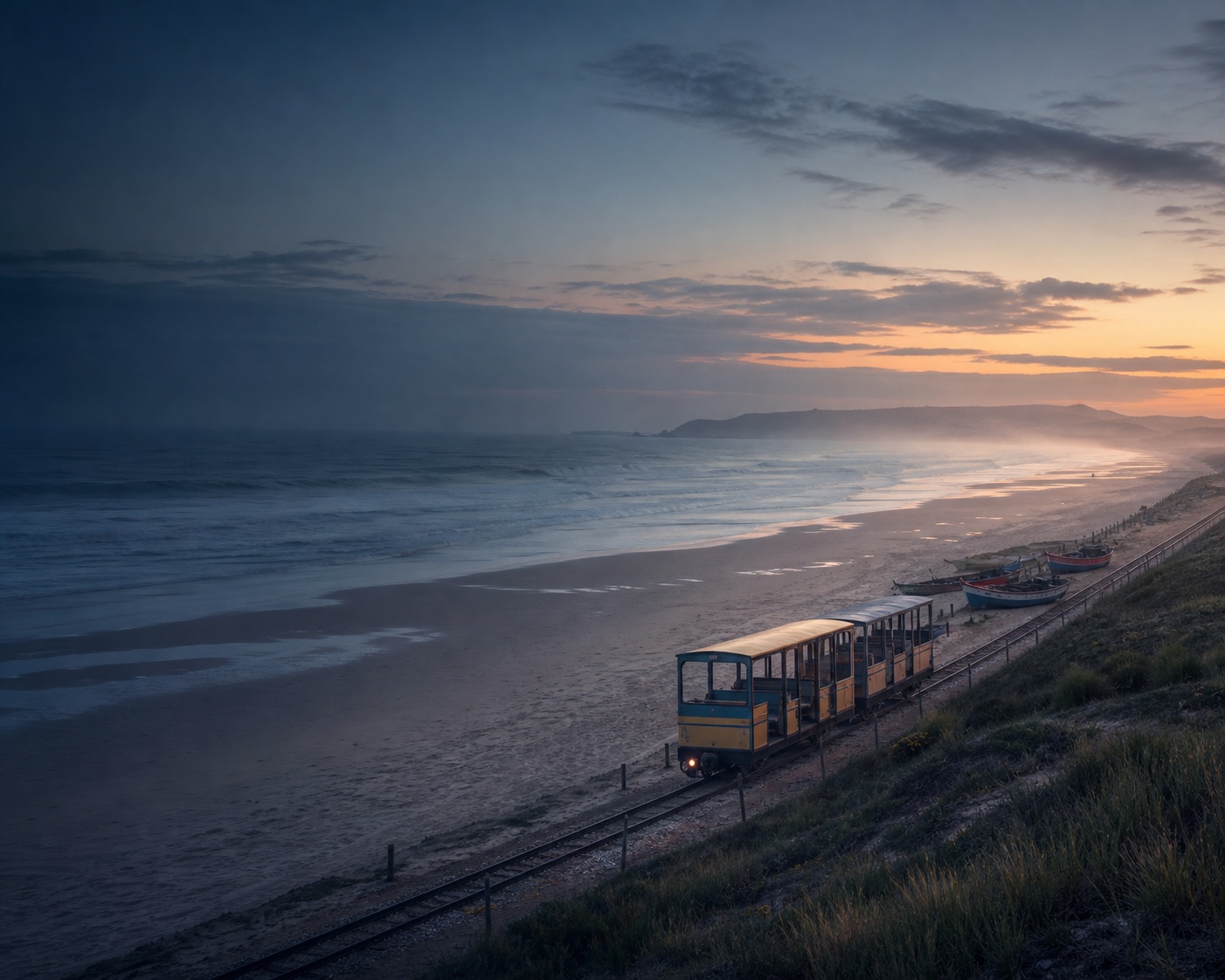 Costa da Caparica's Transpraia beach train beside sweeping Atlantic surf