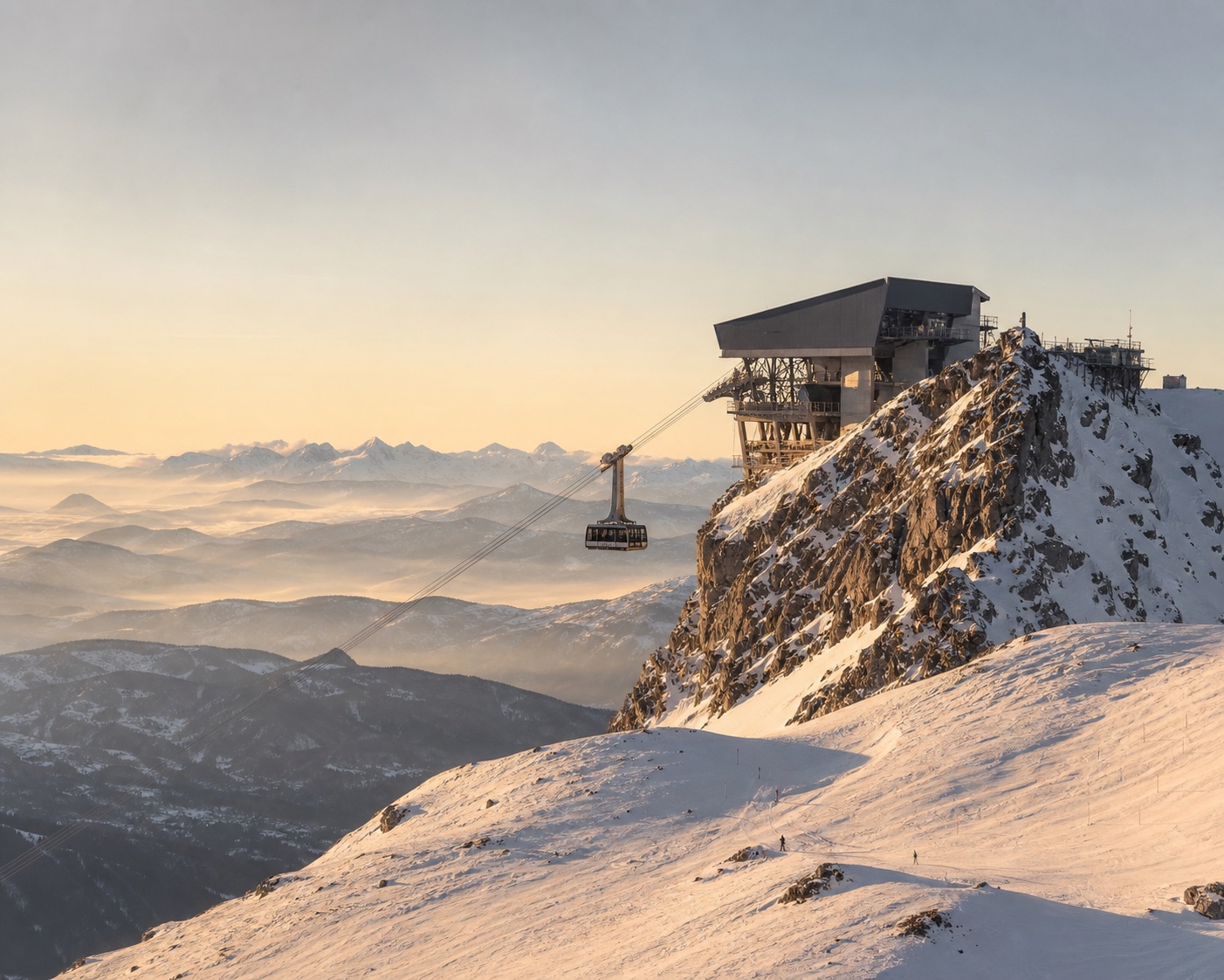 The Saulire cable car and summit station above Courchevel at golden hour