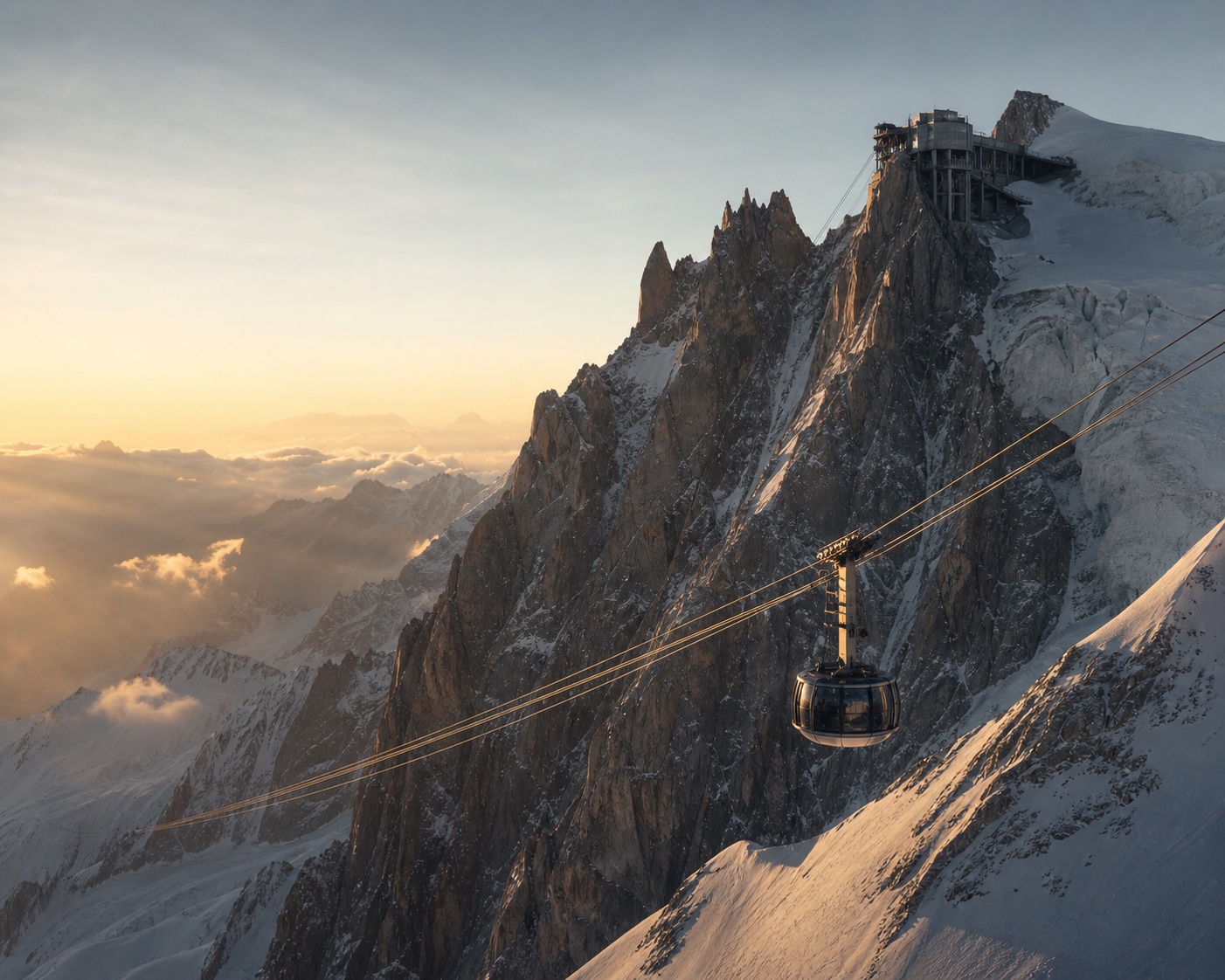 The Skyway Monte Bianco cable car climbing towards Punta Helbronner above Courmayeur