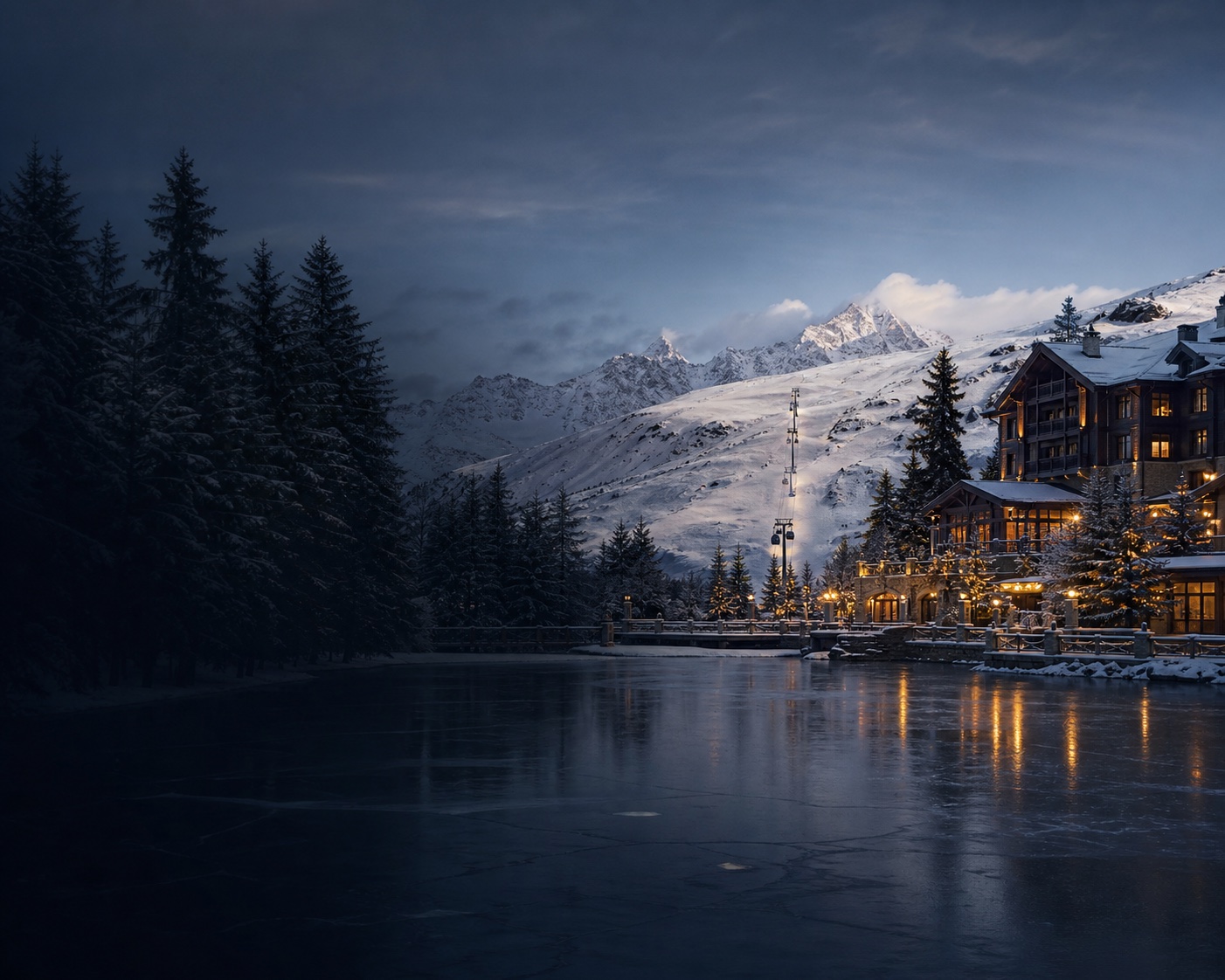 A frozen lake and snowy Crans-Montana resort beneath the Plaine Morte glacier